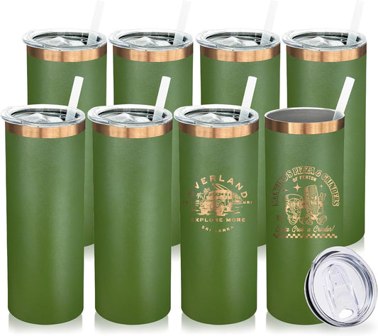 20 oz Skinny Tumblers Bulk 8 Pack, Stainless Steel Insulated Tumbler with Lids and Straws, Slim Double Wall Powder Coated Travel Coffee Mug Reusable Cup for Hot Cold Drinks (Army Green,8 pack)