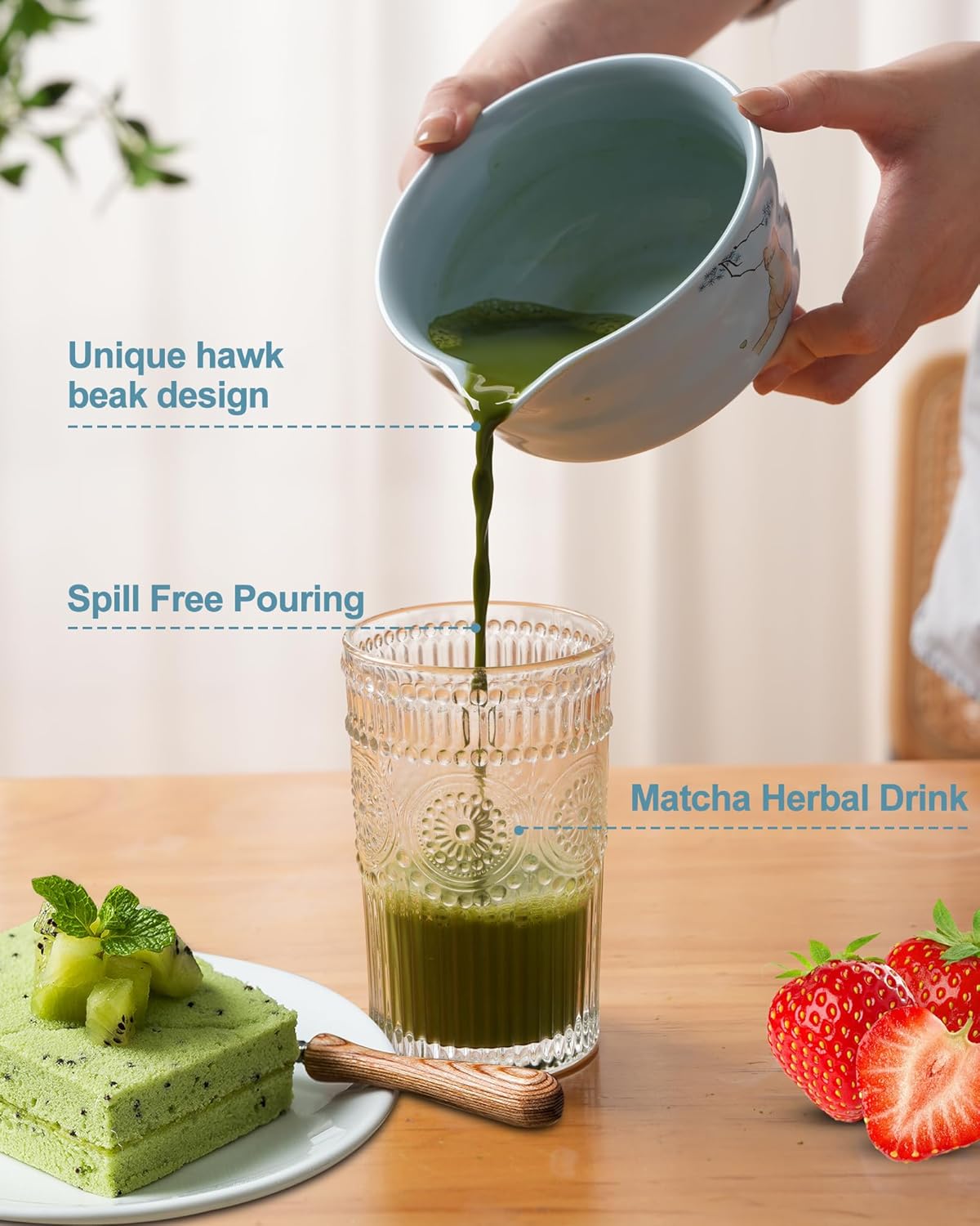 Matcha Set, Japanese Tea Set Includes Matcha Bowl, Matcha Whisk and Holder, Bamboo Scoop, Scoop Rest, Sifter and Tea Towel-7 Pcs, Ceramic Matcha Kit for Tea Lovers (Blue)