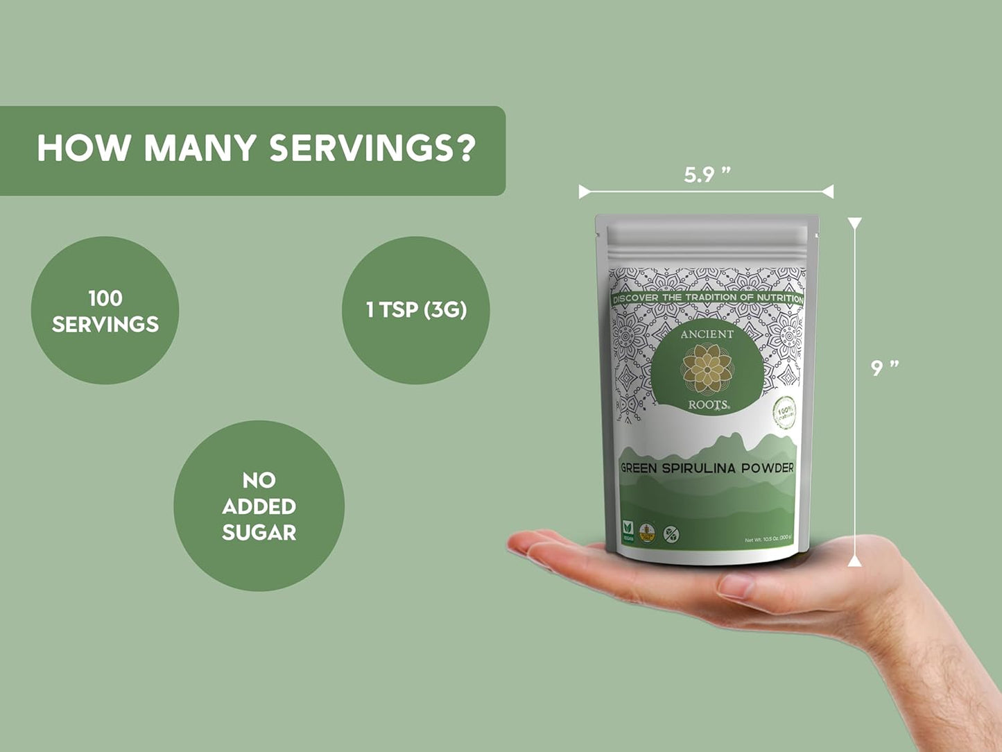 Ancient Roots Green Spirulina Powder - Freeze-Dried, All-Natural, No Sugar Added, Mix with Smoothies, Natural Food Coloring, Resealable Pouch - 10.5 Ounces (75 Servings)