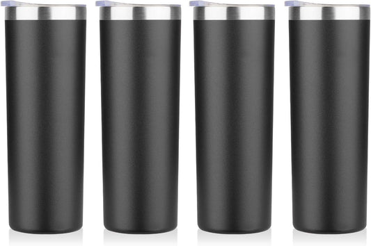HASLE OUTFITTERS 20 oz Skinny Tumblers Bulk Set, Stainless Steel Insulated Slim Tumblers with Lids, Reusable Double Wall Travel Coffee Mugs, Durable Powder Coated Travel Water Cups(Black, 4)