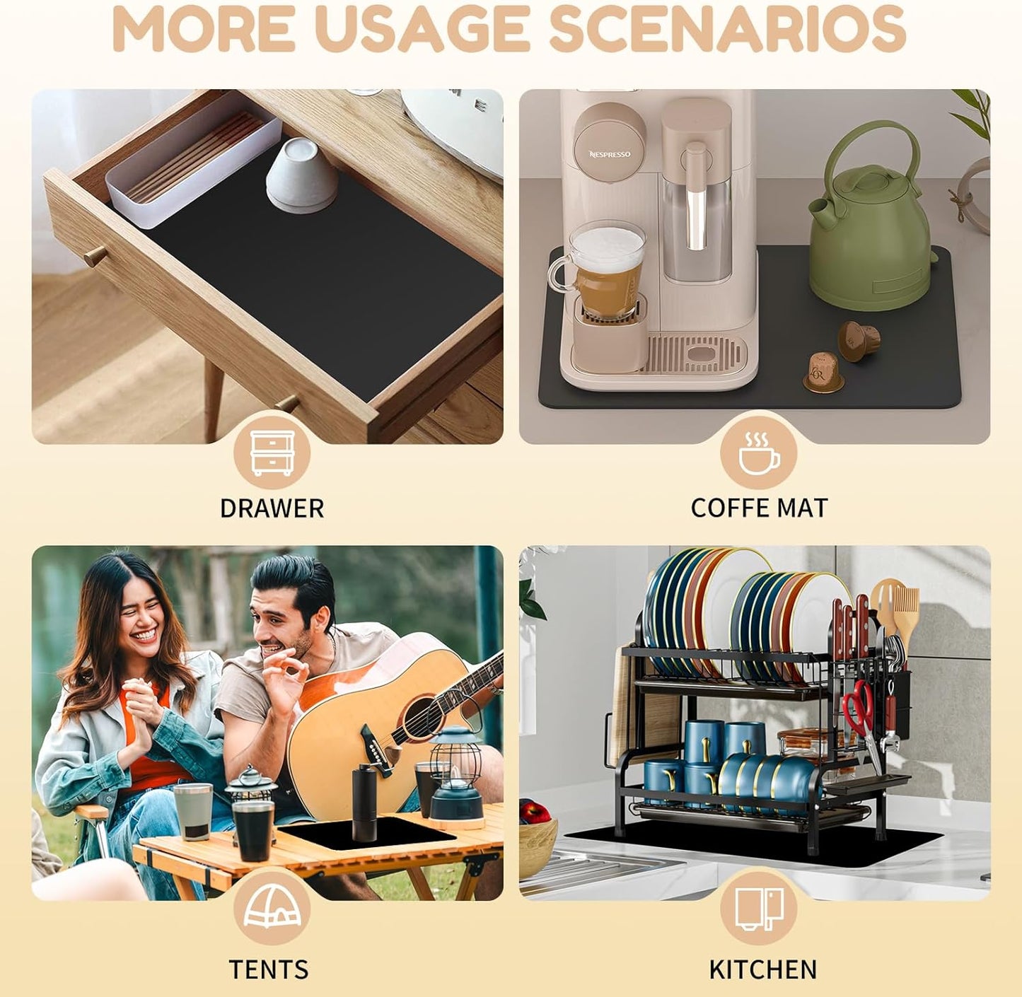 Coffee Mat Hide Stain Rubber (Black, 40cm×50cm), Coffee Bar Accessories Fit Under Espresso Machine CoffeeMaker Coffeepot, Backed Absorbent Dish Drying Mat for Kitchen Counter (Black, 20"x24")