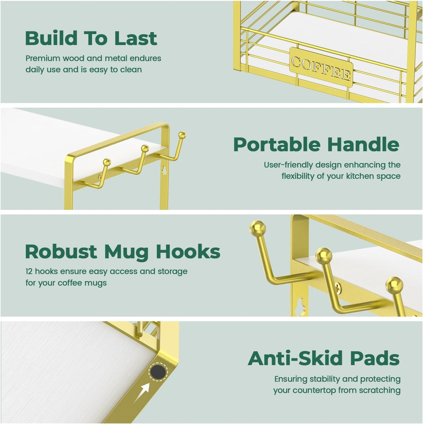 EsLuker.ly Coffee Bar Station Organizer Mug Cup Holder Stand for Countertop, Multi-Functional 2 Tier Mug Tree Rack for Kitchen, Storage Shelf with 12 Hooks, White-Gold