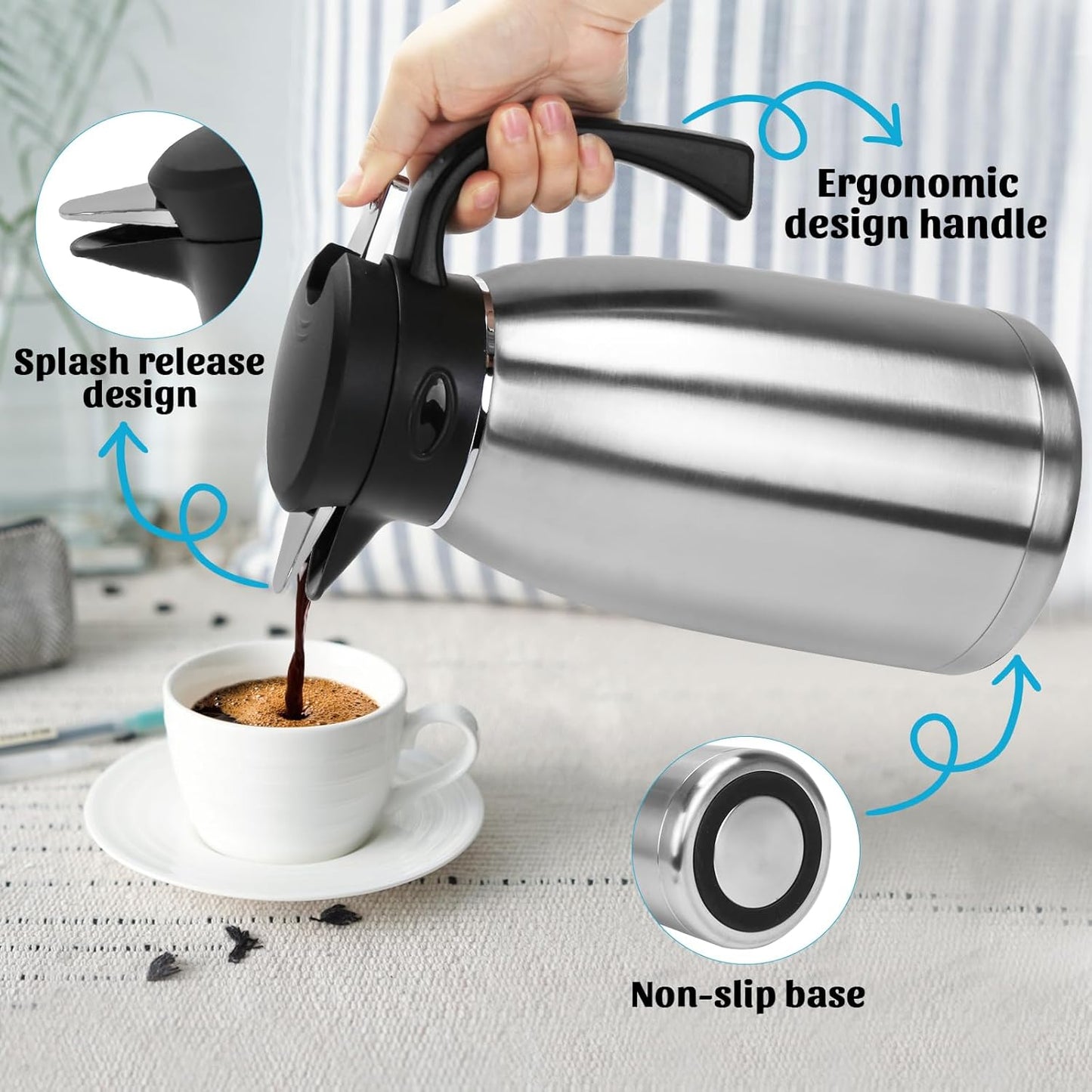 70oz Thermal Coffee Carafe, Double Wall Vacuum Thermos for Hot Drinks, Stainless Steel Carafe for Hot Liquids Large Tea Thermos for Home School Office for Valentine's Day (Classic Silver)