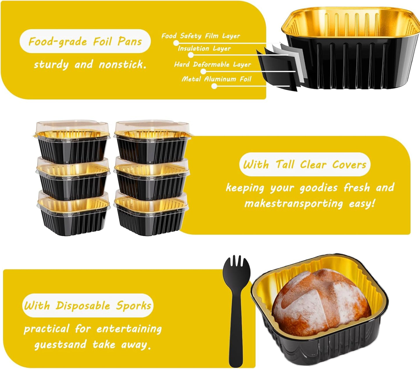 25 Pack Square Mini Cake Pans with Lids,Mini Loaf Pans with Lids,Aluminum Foil Baking Cups,Disposable Ramekins Cupcake Cups,Dessert Cups for Wedding Birthday Party,5oz (Black&Gold)