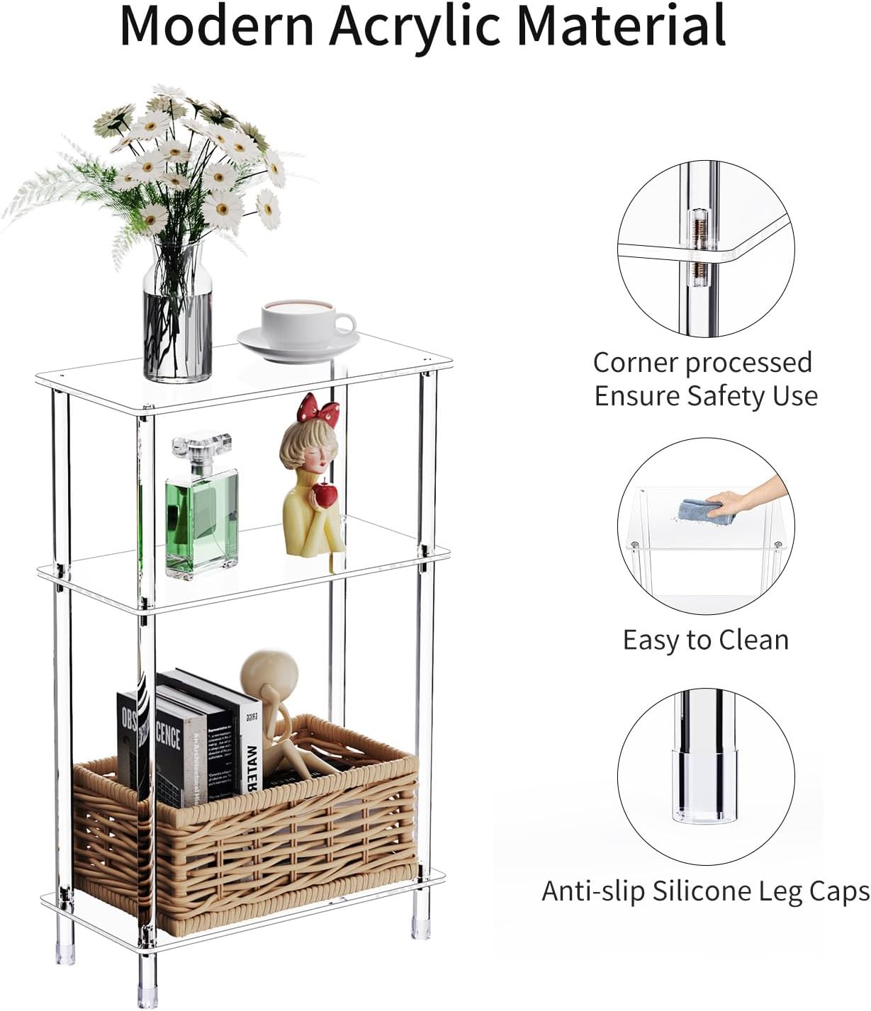 Clear Acrylic Narrow Side Table Set of 2 for Small Spaces, 15.75" L x 7.87" W x 24.6" H, 3 Tier Rectangle Slim End Table Nightstand, Small Bedside Table for Bedroom, Bathroom, Living Room