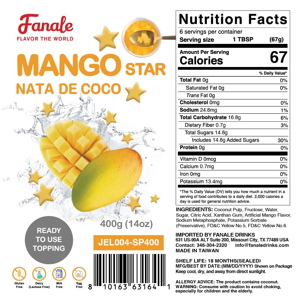 Fanale Coconut Jelly Topping nata de coco for Bubble Tea | Mango Star Jelly Topping for Boba Tea, Smoothies, Slushes, Desserts 400g(Pack Of 1)