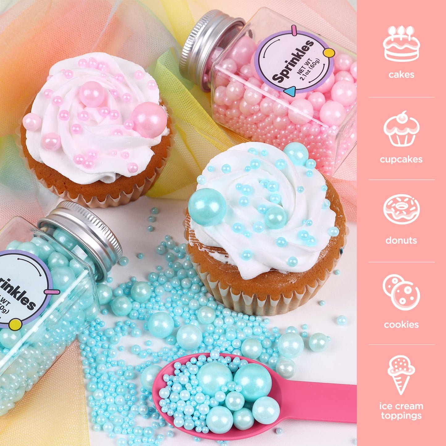 Edible Pink and Blue Sprinkles for Cake Decorating, Pink Pearl Sprinkles, Blue Pearl Sugar Sprinkles for Macaron, Cake, Cupcake, Waffles, Cookies, and Ice Cream(120g/4.2oz)