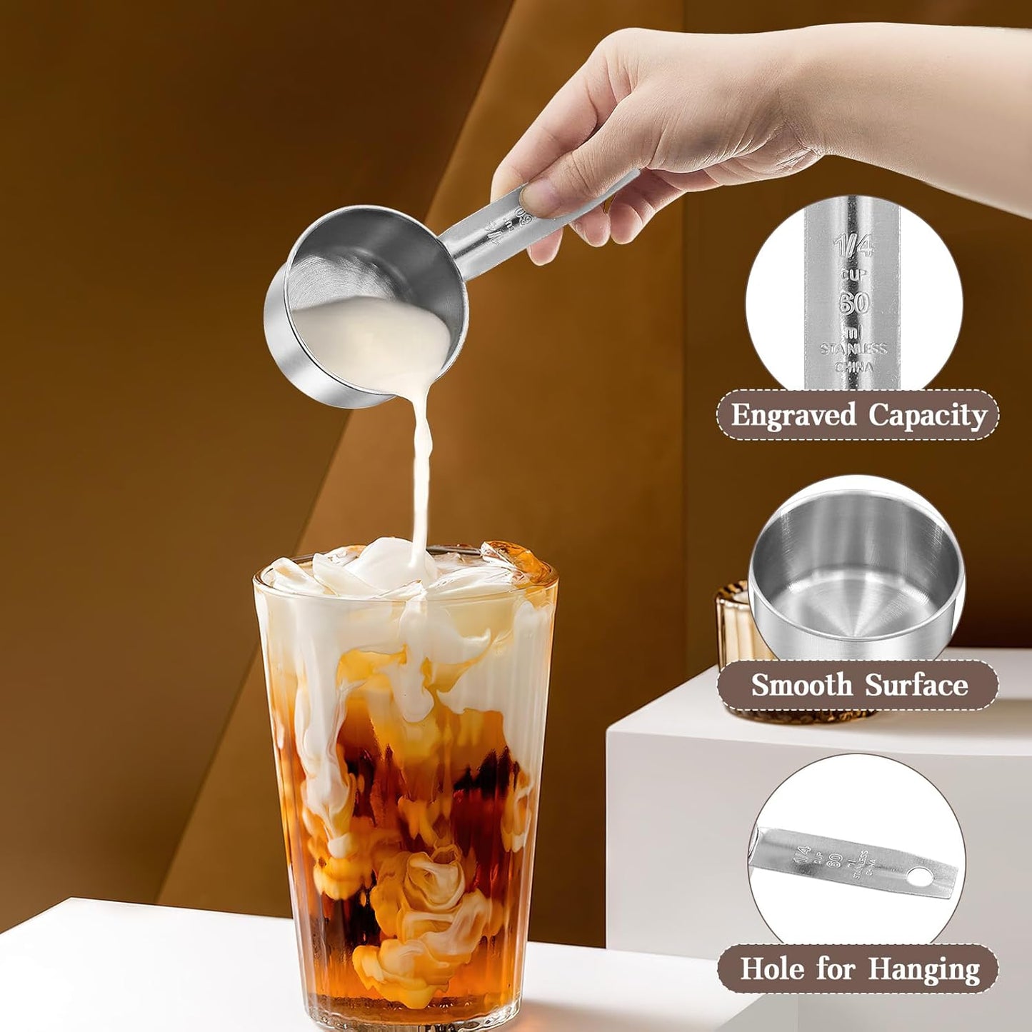 8Pcs Stainless Steel Measuring Cup, 1/4 Cup (60ml, 2oz) Metal Measuring Cup, Small Measuring Scoops Coffee Scoop with Comfortable Hand for Kitchen Cooking Baking