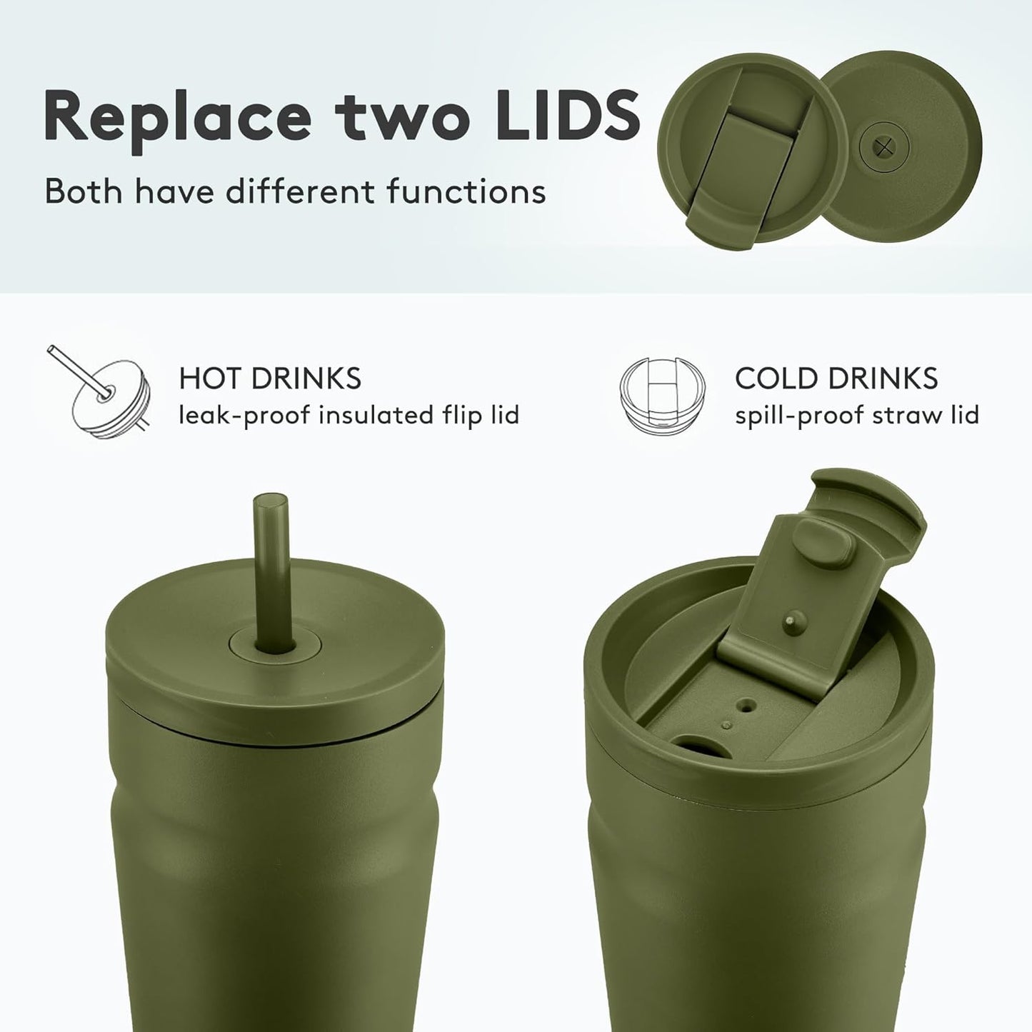 COKTIK 24oz Insulated Tumbler with Lid and Straw 2 Lids (Straw/Flip) Iced Coffee Cup Reusable Stainless Steel Travel Mug Water Bottle Cupholder Friendly for Women Men Her Him (Olive)