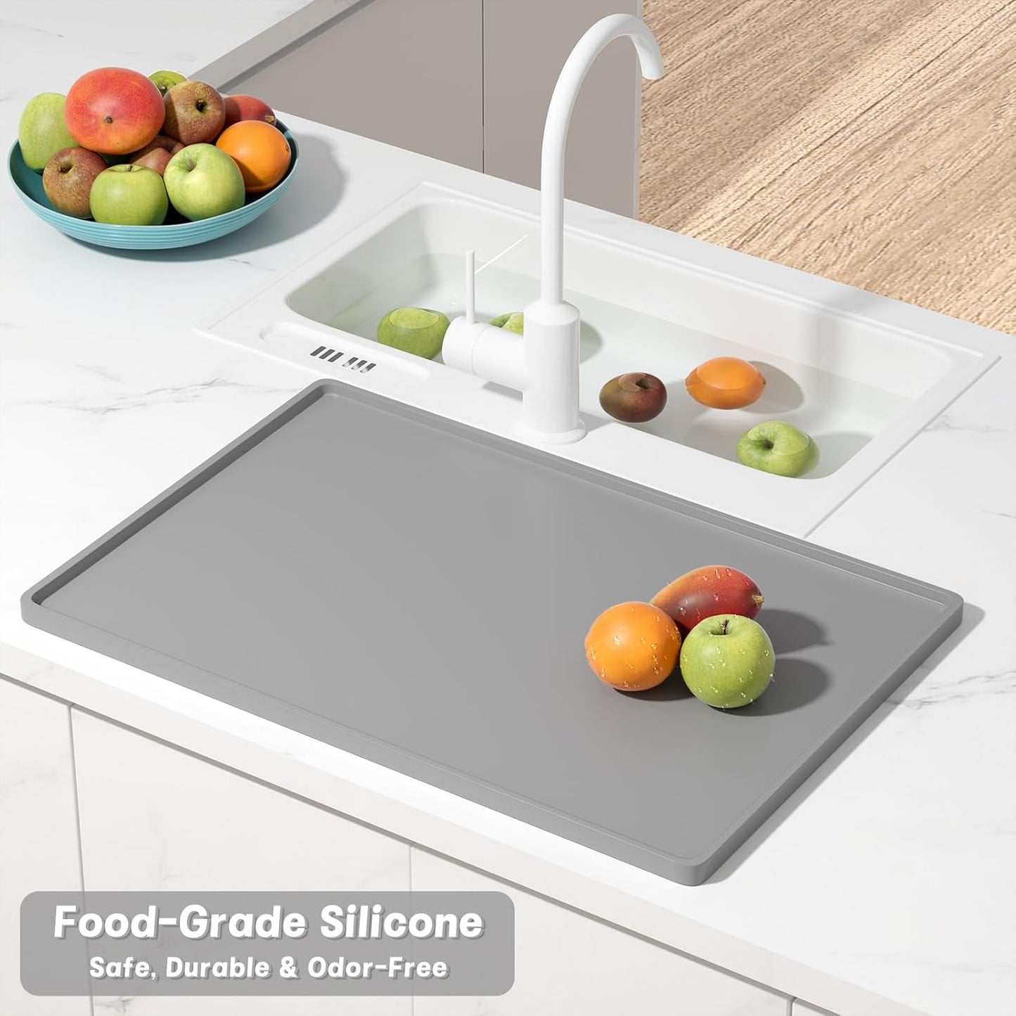 Rnivvi Silicone Coffee Mat, 12" x 19" Waterproof Raised Edge Coffee Bar Mats for Espresso Machine Station Accessories, Heat Resistant Dish Drying Pad for Kitchen Counter, Rubber Bar Decor Pad, Gray