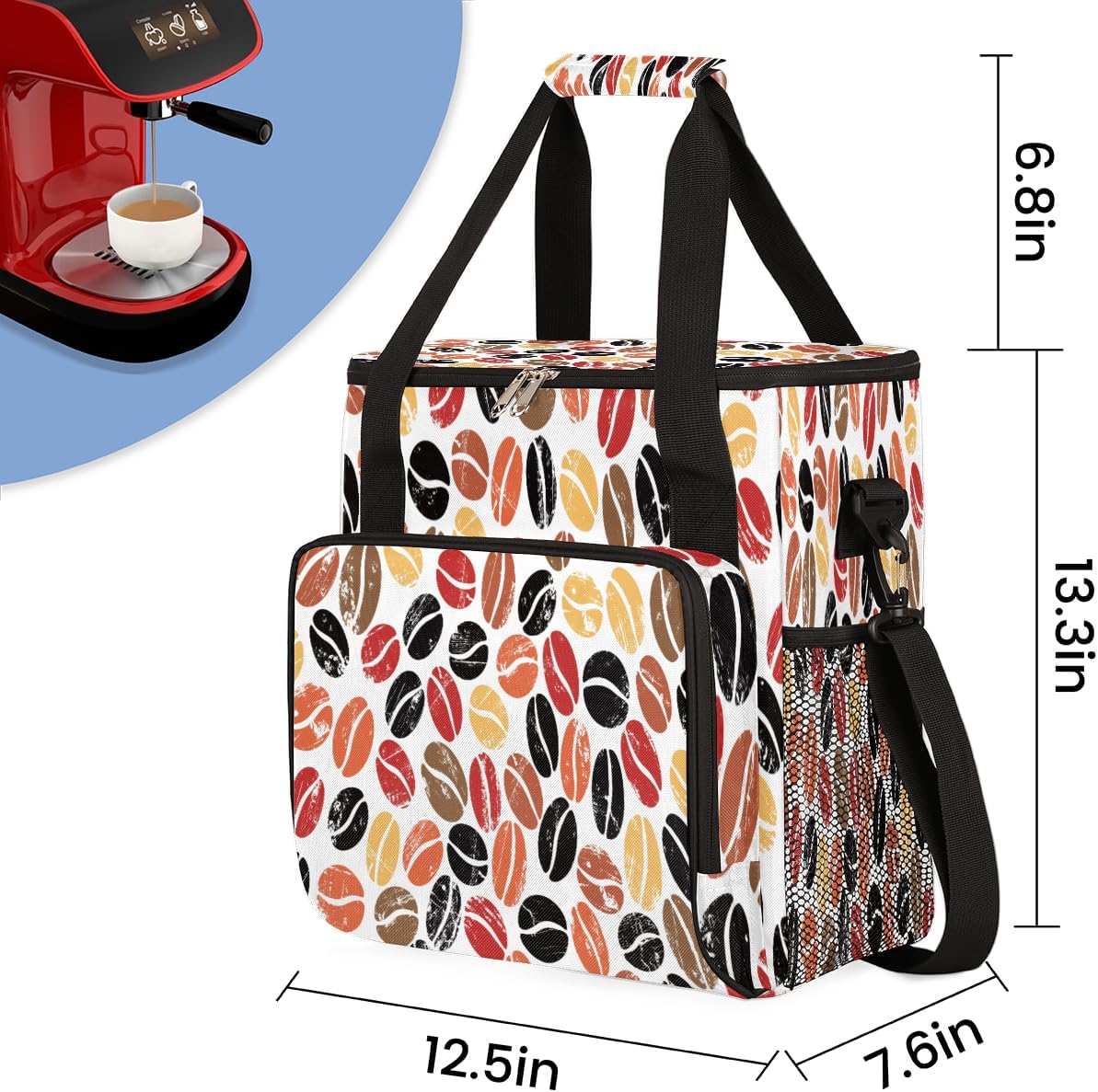 Colorful Coffee Beans Maker Carring Bag Travel Carrying Storage Tote Compatible with Keurig K-Mini or Plus Portable Single Serve Brewer Case Pockets for K-cup Pods