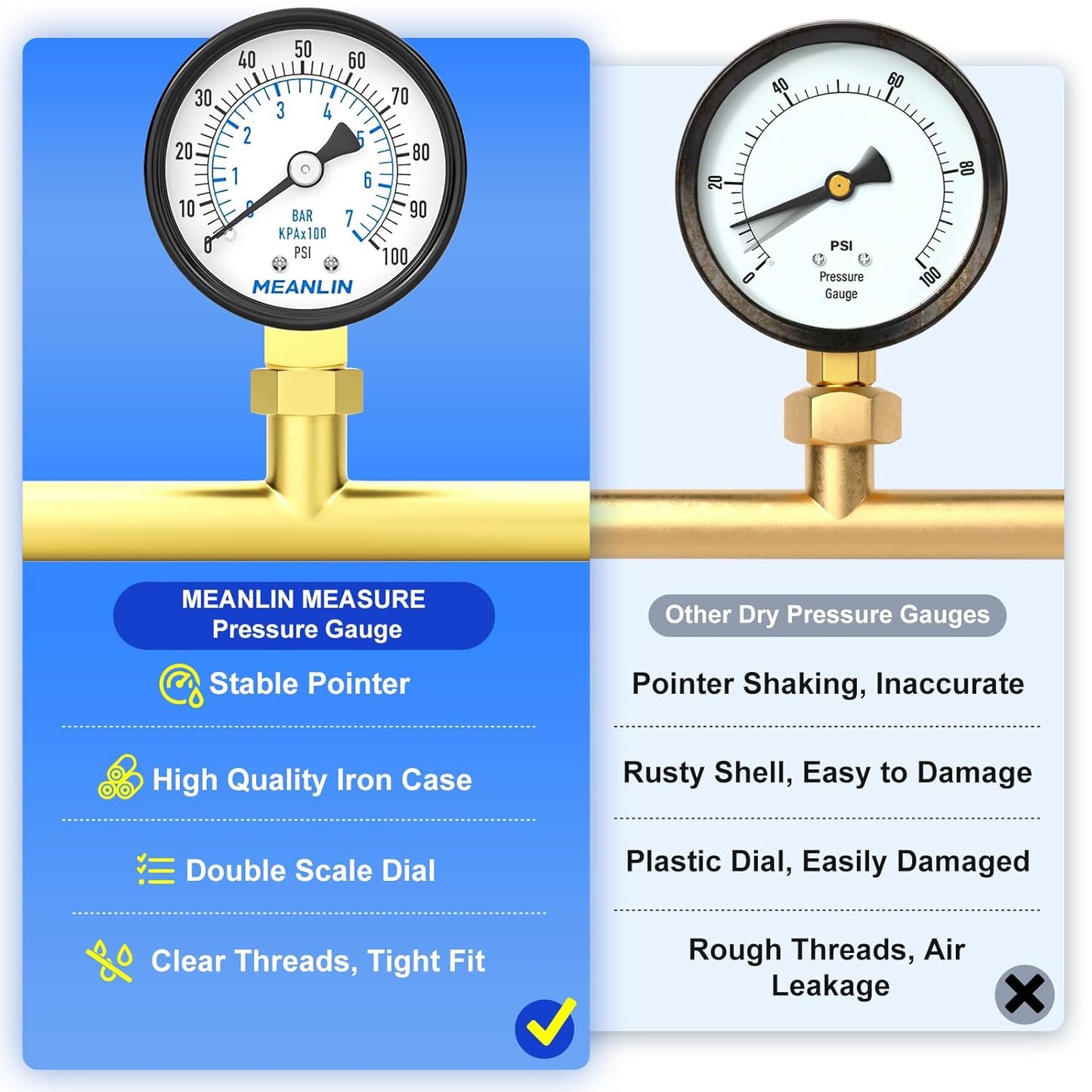 MEANLIN MEASURE 0-100Psi Well Pump Pressure Gauge 1/4" NPT 2" FACE DIAL for Well Pump Water Tire Water Pressure Tester Lower Mount, with Teflon Tape