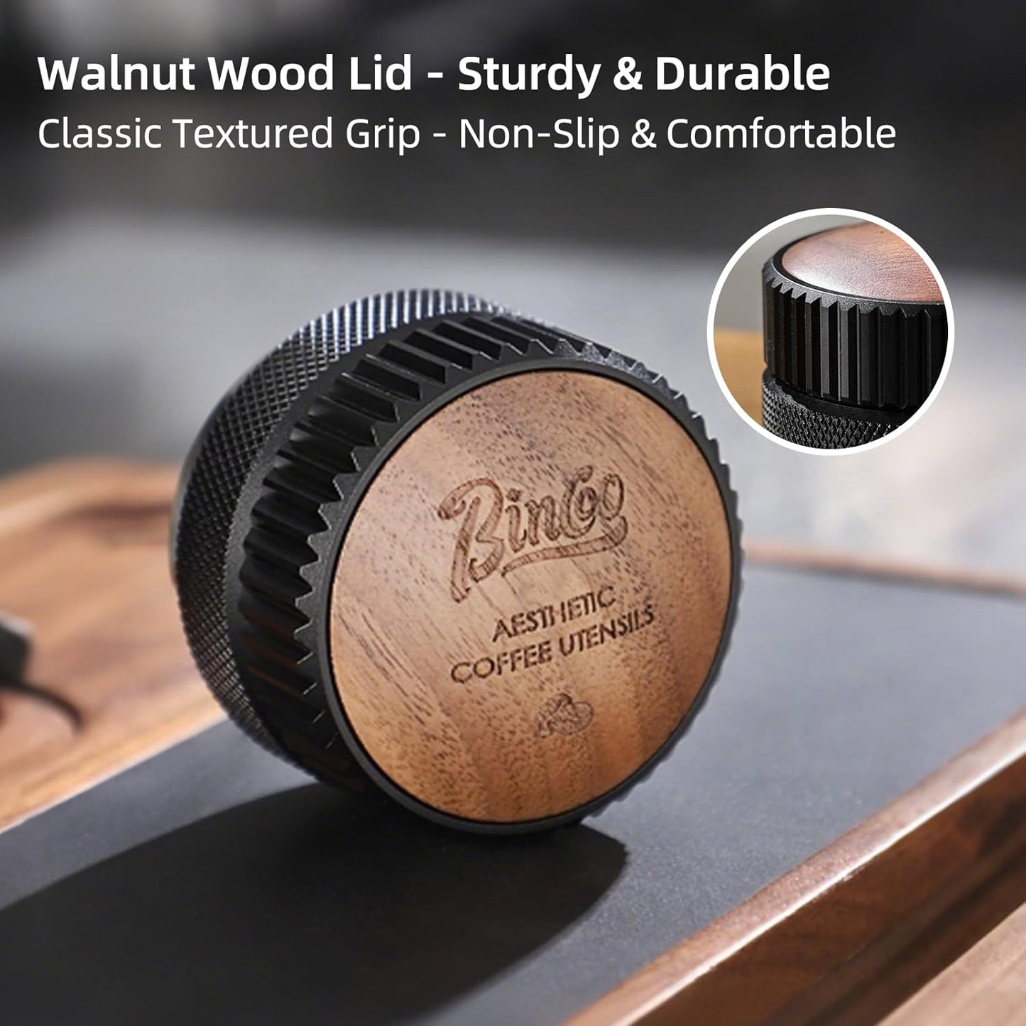 Bincoo 58mm Espresso Distributor Hand Tamper - Adjustable Coffee Leveler Tool for 58mm Portafilter, Walnut Wood Lid, 3-Slope Base Adjustable Depth Espresso Distributor for Barista(58MM Black)