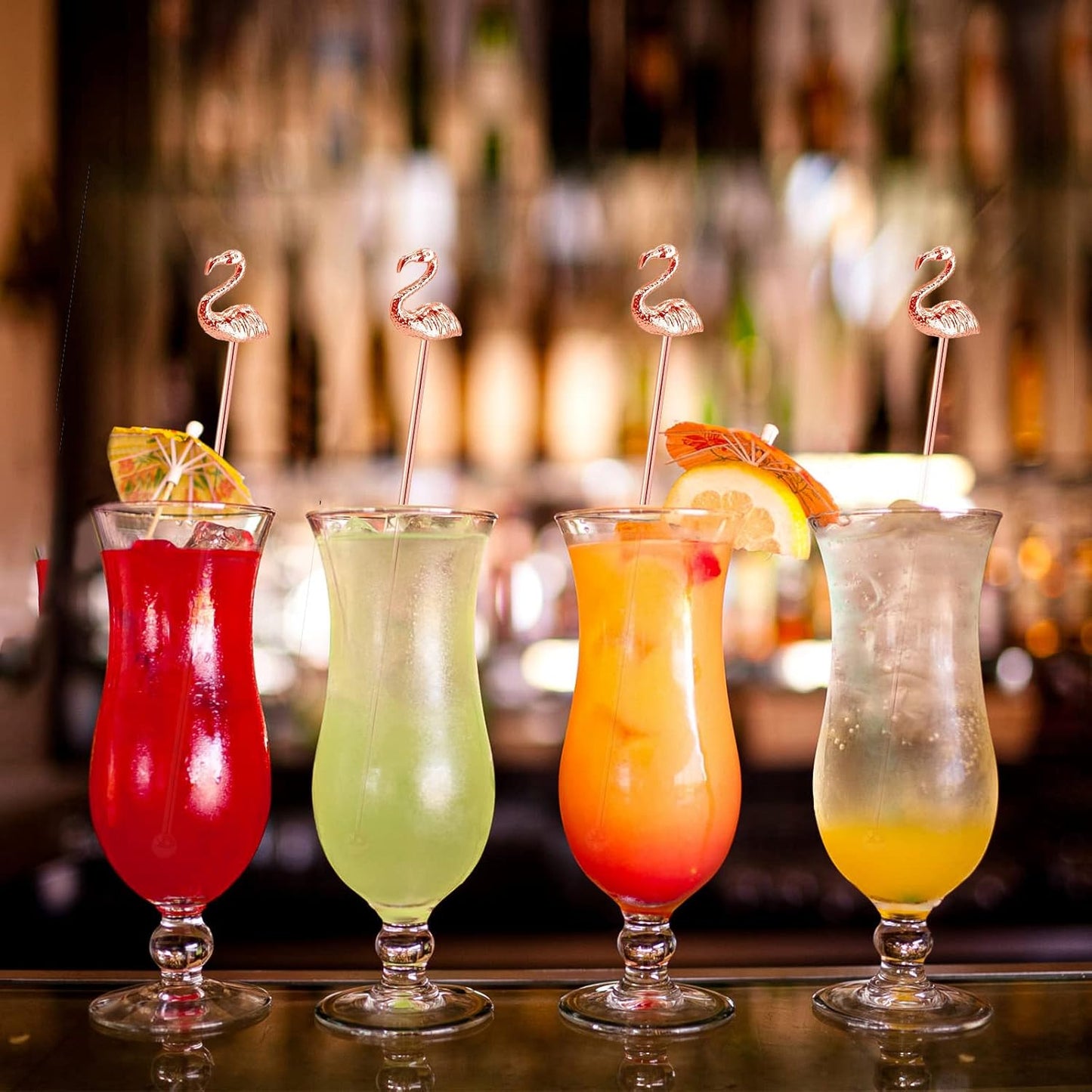 4 Pcs Flamingo Cocktail Stirrers Swizzle Sticks Stainless Steel 7.28" Coffee Stir Sticks with Decor Top for Mixing Cocktail, Hot Cocoa, Creamer, Rose Gold