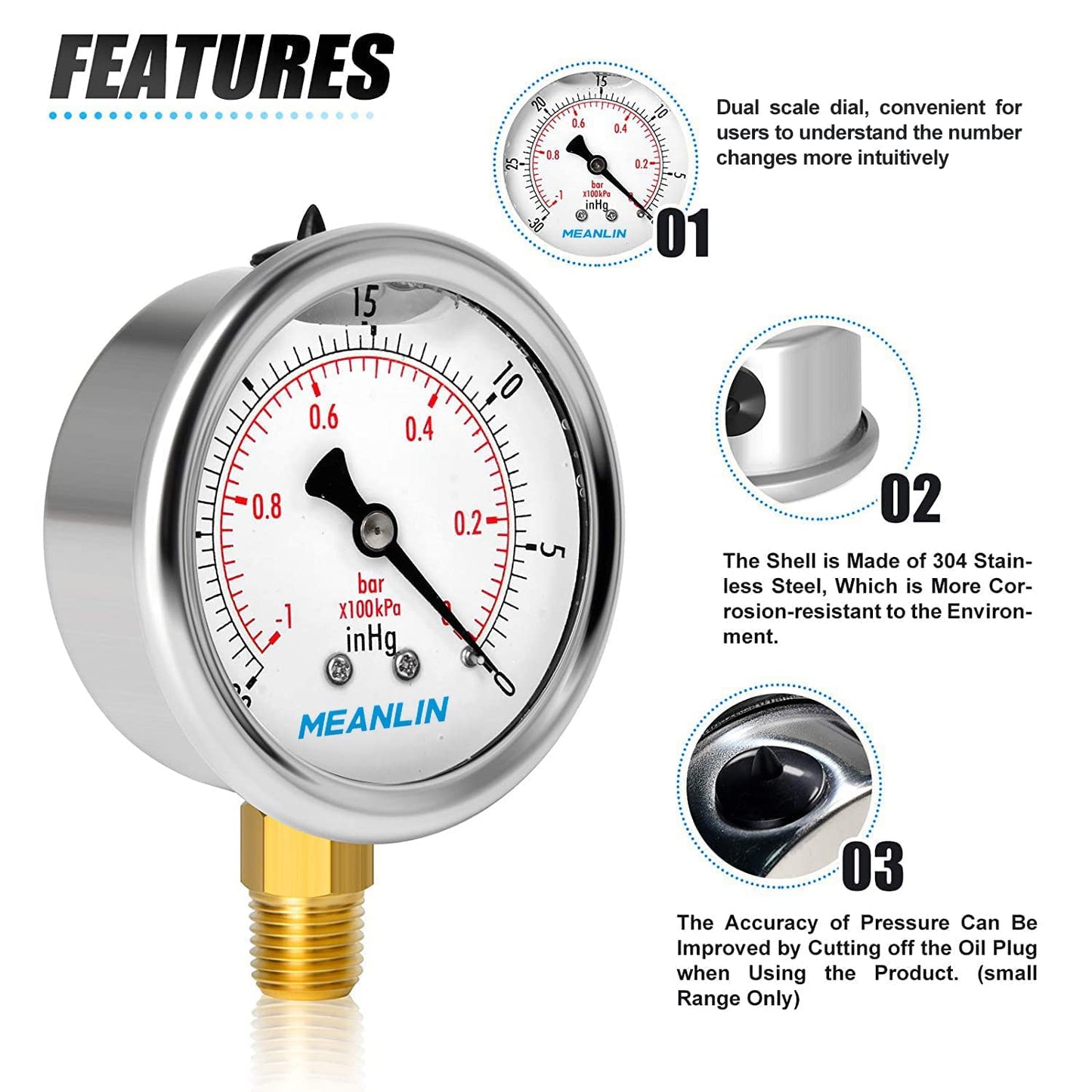 MEANLIN MEASURE -30inHG~0Psi Stainless Steel 1/4" NPT 2.5" FACE DIAL Vacuum Pressure Gauge, Lower Mount (Pack of 2), with 1/2" NPT and 3/8" NPT Hex Bushing