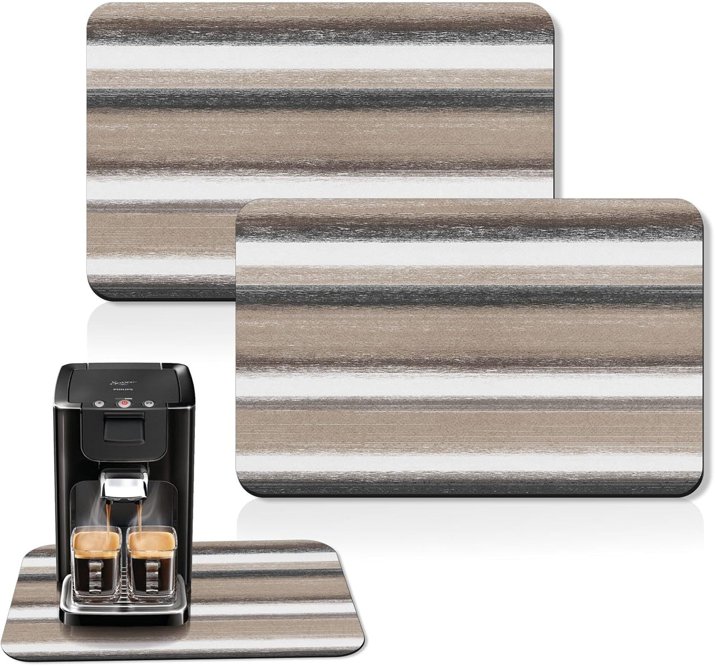 Arttown Coffee Mat for Countertops, Striped Abstract Tan Gray Retro Dish Drying Mat 2 Pcs for Kitchen Bar Accessories, Fit Under Coffee Maker Espresso Machine Dish Rack Hide Stain Rubber 12x19in