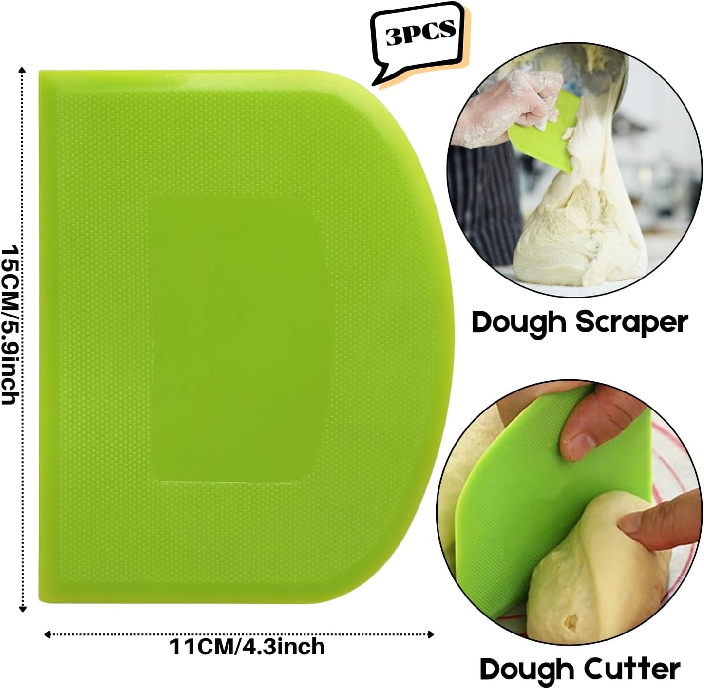 SURDOCA Dough Scraper Bench Scraper - 3P 5.9x4.3" Plastic Flexible Bowl Scraper, Sharp Edge & Angles Cake Scraper. Non-Slip Bakeware Decorating Tools Sculpting & Modeling Tools - Green+Blue+Green