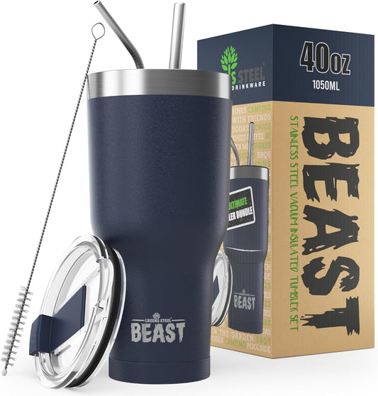 Beast 40 oz Tumbler Stainless Steel Vacuum Insulated Coffee Ice Cup Double Wall Travel Flask (Navy Blue)
