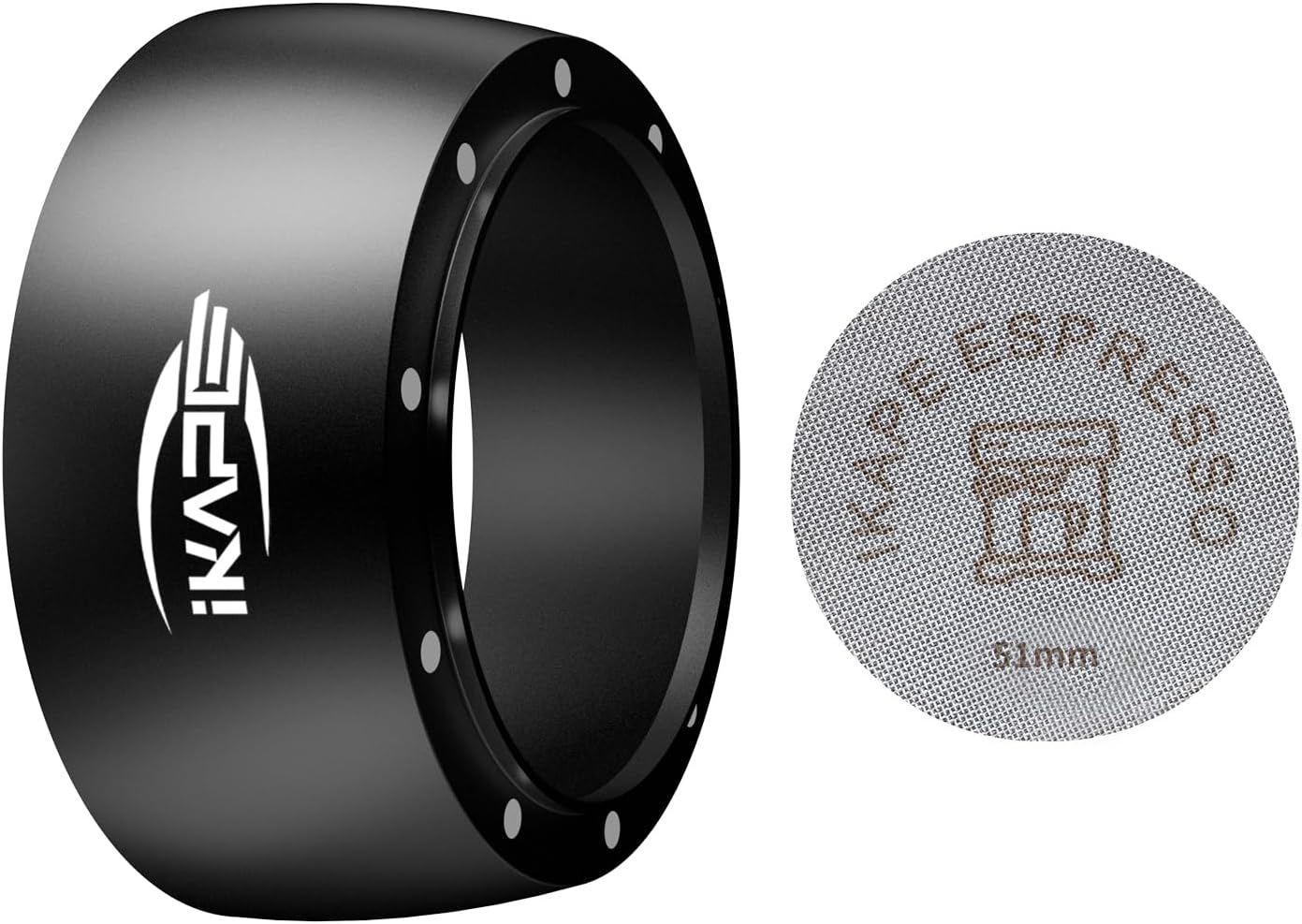 IKAPE Magnetic Dosing Funnel Set, 51MM Espresso Dosing Ring & Puck Screen Kit Compatible with Delonghi 51MM Bottomless Portafilter - with 8 Small Magnet (Black)