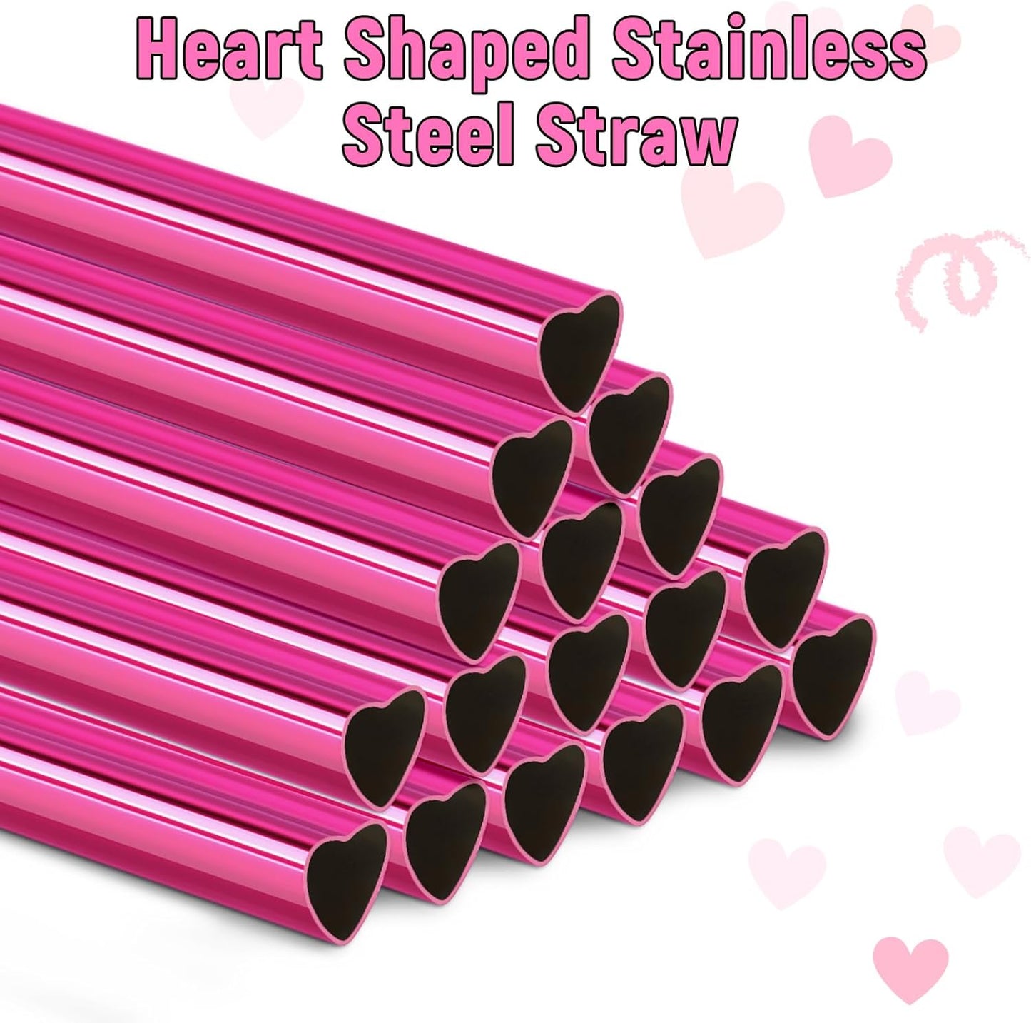 NiHome 16-Pack Heart-Shaped Stainless Steel Drinking Straws with 2 Cleaning Brushes, 8.5" Long Reusable Straws for Stanley Tumbler 14oz, Dishwasher Safe, Safe Edges for Kids (Pearl Hot Pink)