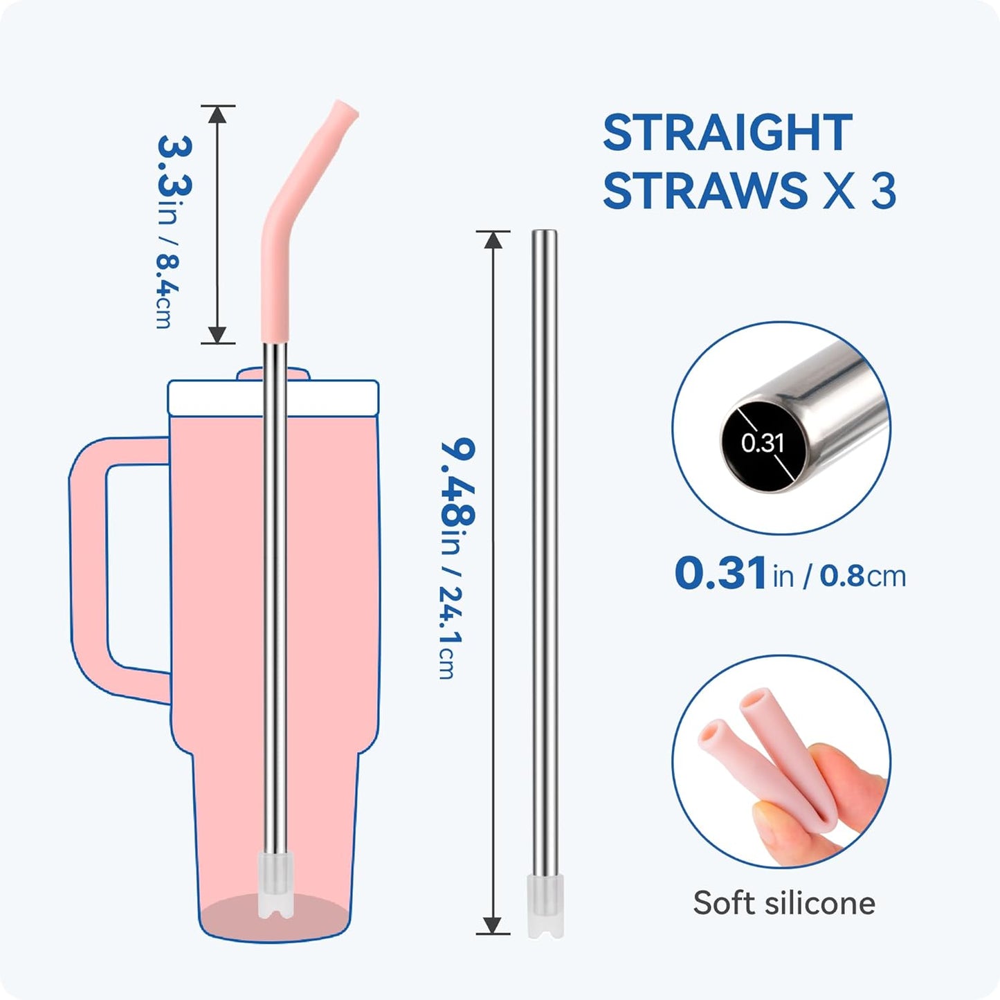 Reusable Metal Straws with Silicone Tip for Stanley 30oz,Stainless Steel Drinking Straws for 30oz Tumbler,3 Straight Tubes & 6 Tips& 1 Cleanr Brush (Rose Quartz)