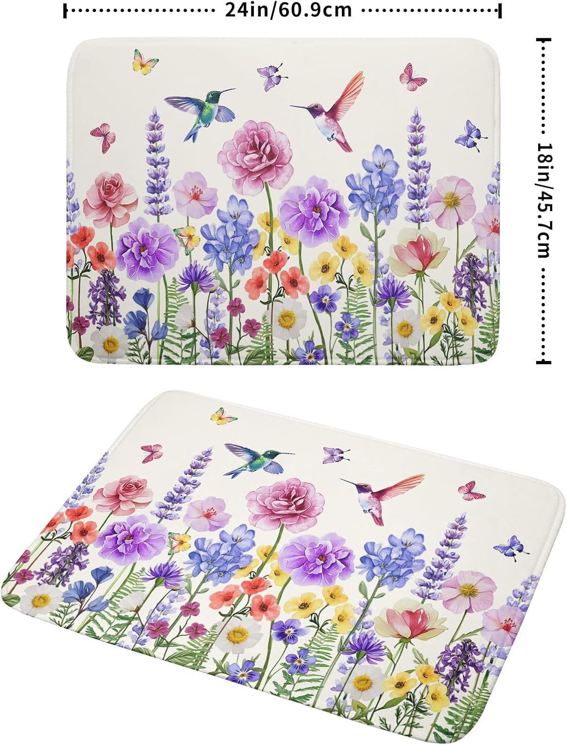 Giwawa Hummingbird Flower Dish Drying Mat 18x24 inch Watercolor Spring Herb Floral Dish Drainer Mats Wildflower Plant Reversible Microfiber Dish Drying Pad for Kitchen Countertop Large Decor