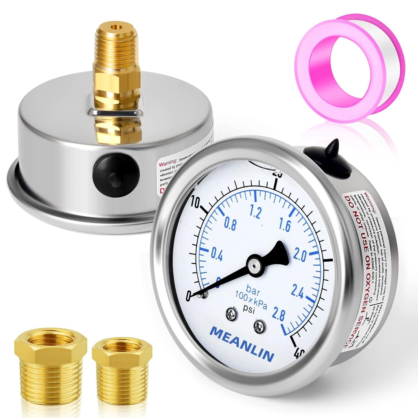 MEANLIN MEASURE 0~40Psi Stainless Steel 1/4" NPT 2.5" FACE DIAL Liquid Filled Pressure Gauge WOG Water Oil Air,Cencter Back Mount, with 1/4" x 1/2" NPT and 1/4" x 3/8" NPT Hex Bushing