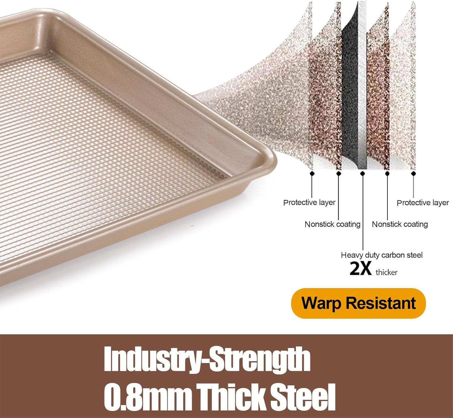 2 Pack Jelly Roll Pan 15x10 Inch, Diamond Texture Nonstick Cookie Sheet, 0.8mm Thick Heavy Duty Steel Baking Tray, Commercial Gold Baking Pans