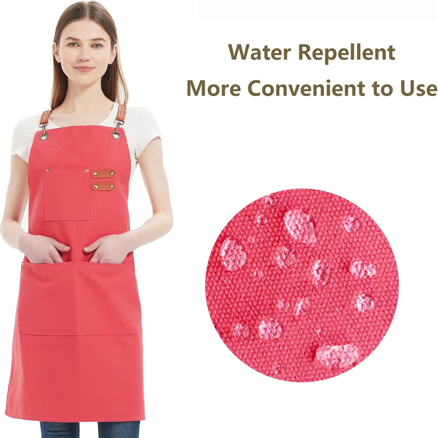 AFUN Chef Aprons for Women Men with Large Pockets, Cotton Canvas Cross Back Water Repellent Work Apron, Size M to XXL (Pink)