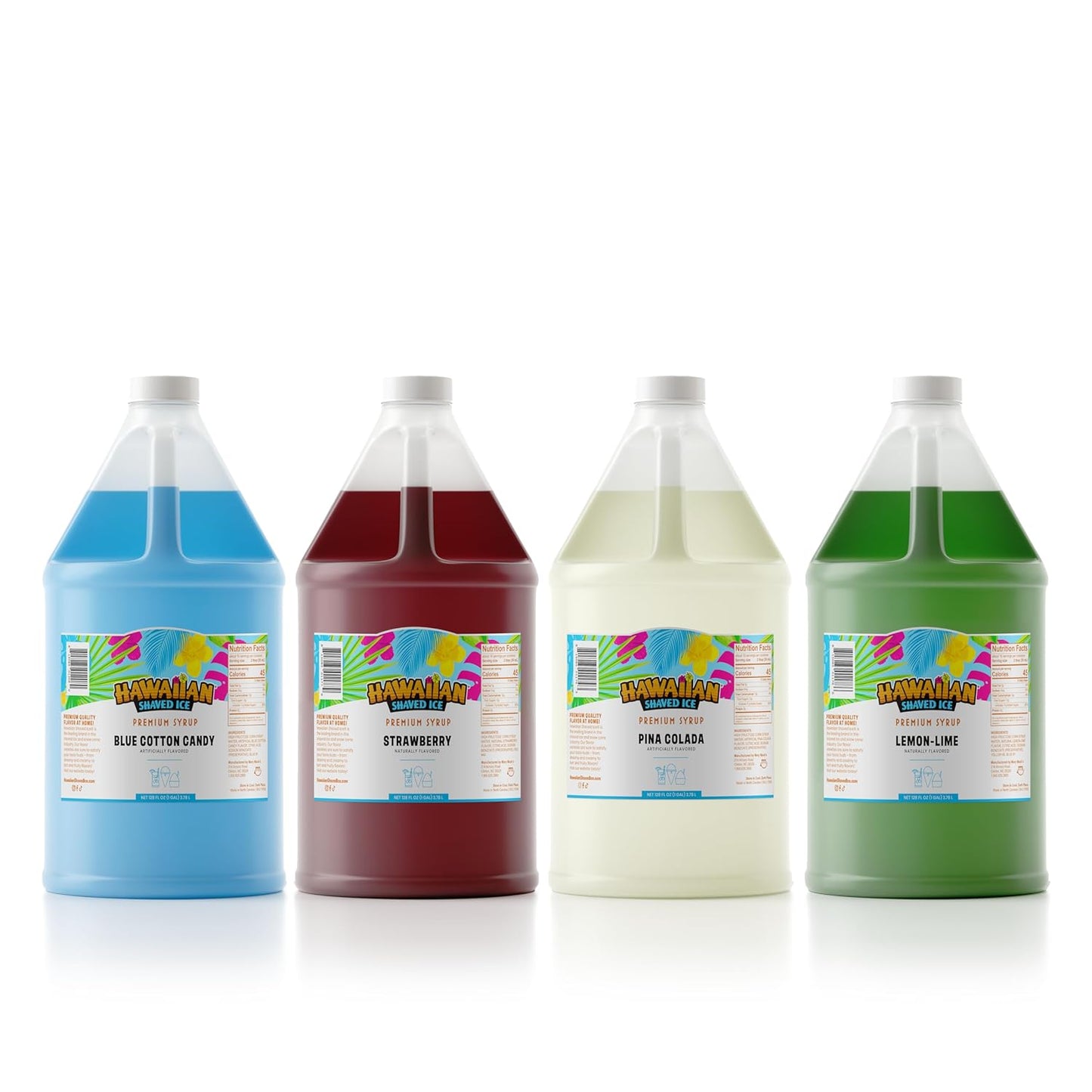 Hawaiian Shaved Ice Syrup Gallon 4-pack, Blue Cotton Candy, Strawberry, Pina Colada, Lemon-Lime, for Slushies, Italian Soda, Seltzers, Popsicles, & More, No Refrigeration Needed, Allergy-friendly