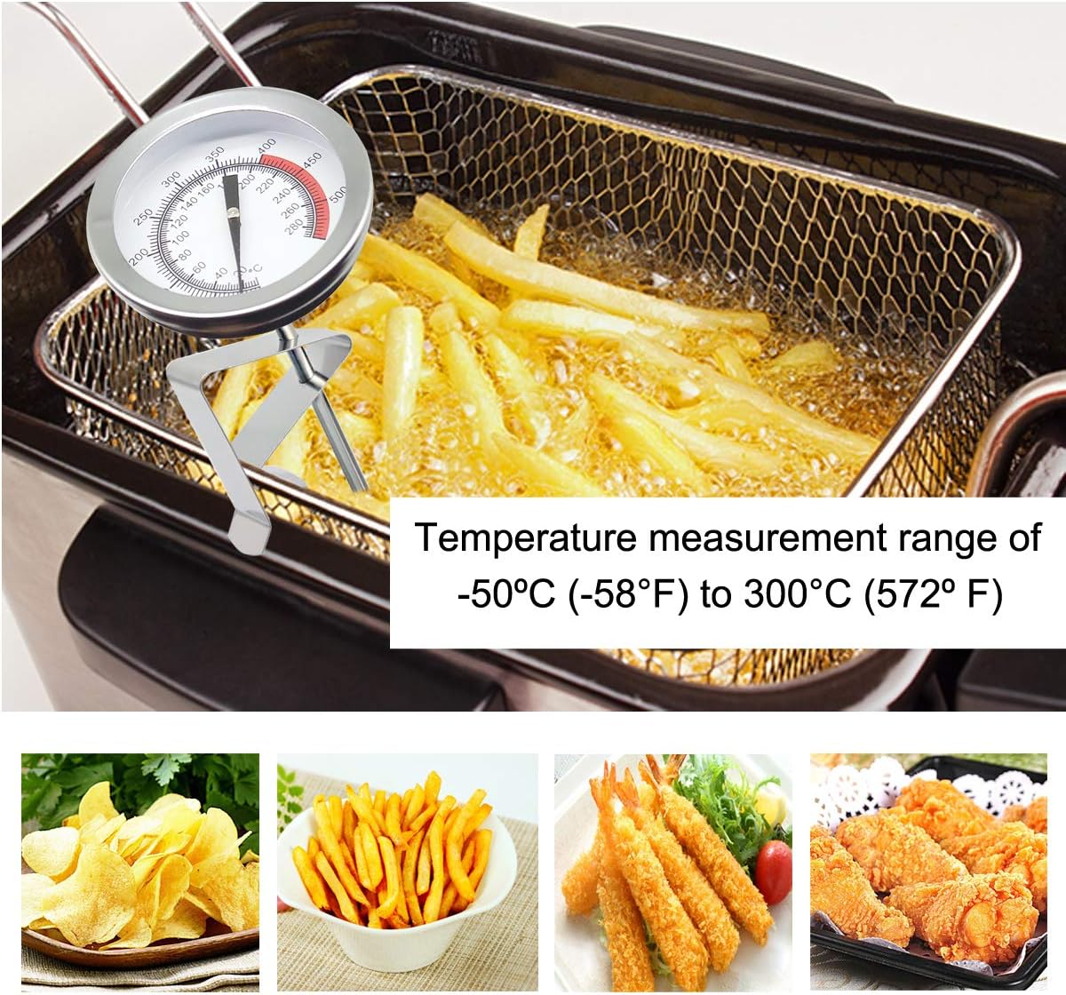 Deep Fryer/Candy/Turkey Thermometer with Clip&15 inch stem - Professional Kitchen Pot Fryer,Stainless Steel Fry Oil Thermometer for Frying,Candy and Meat Cooking