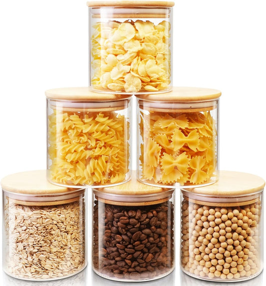 Glass Jars with Bamboo Lids 27 FL OZ [Set of 6], Glass Canisters with Airtight Lids, Glass Food Storage Containers for Coffee, Sugar,Tea, Candies, Cookies,Best for Kitchen & Pantry