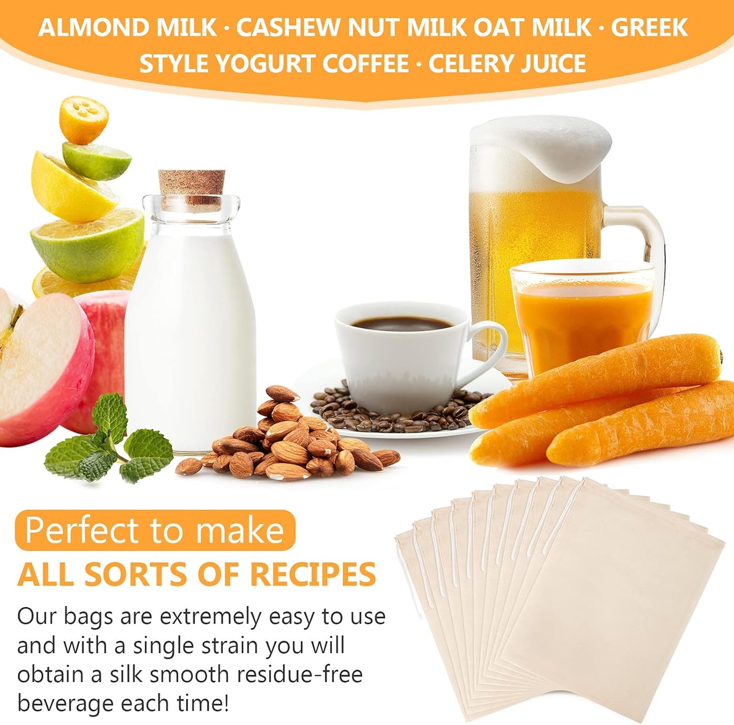 10 Pack Nut Milk Bag, 8‘’ x 10‘’Fine Mesh Grade Reusable Cheesecloth Bags Strainers, Unbleached Organic Cotton Filter Bags for Almond Milk, Juices, ColdBrew, Cheese, Tea, Yogurt, Coffee