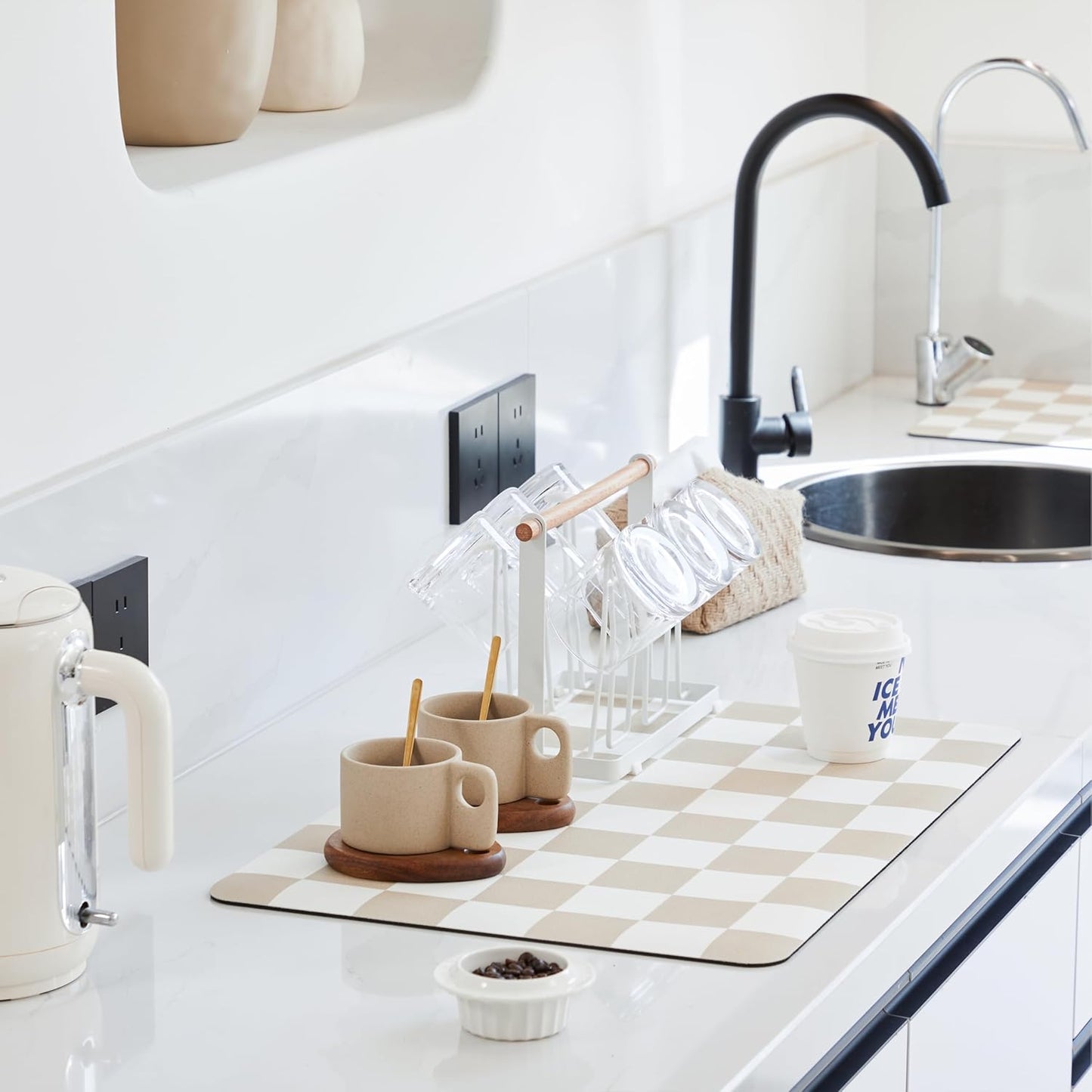 Checkered Dish Drying Mat for Kitchen Counter, Coffee Bar Station Accessories, Retro Cute Aesthetic Modern Absorbent Drainer Mat Kitchen Drying Mat Easy Clean, Beige 12" x 19"