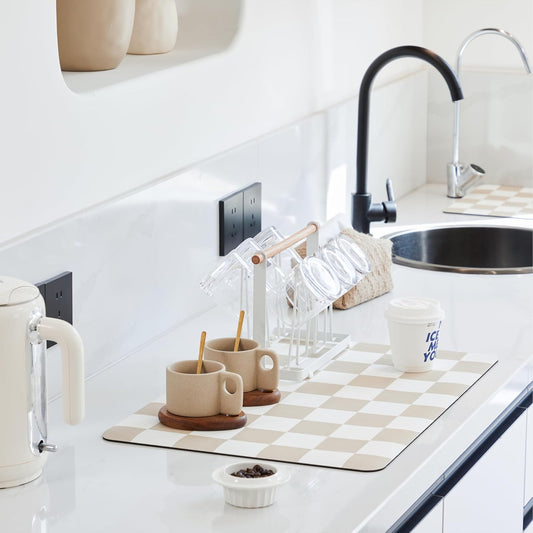 Checkered Dish Drying Mat for Kitchen Counter, Coffee Bar Station Accessories, Retro Cute Aesthetic Modern Absorbent Drainer Mat Kitchen Drying Mat Easy Clean, Beige 12" x 19"