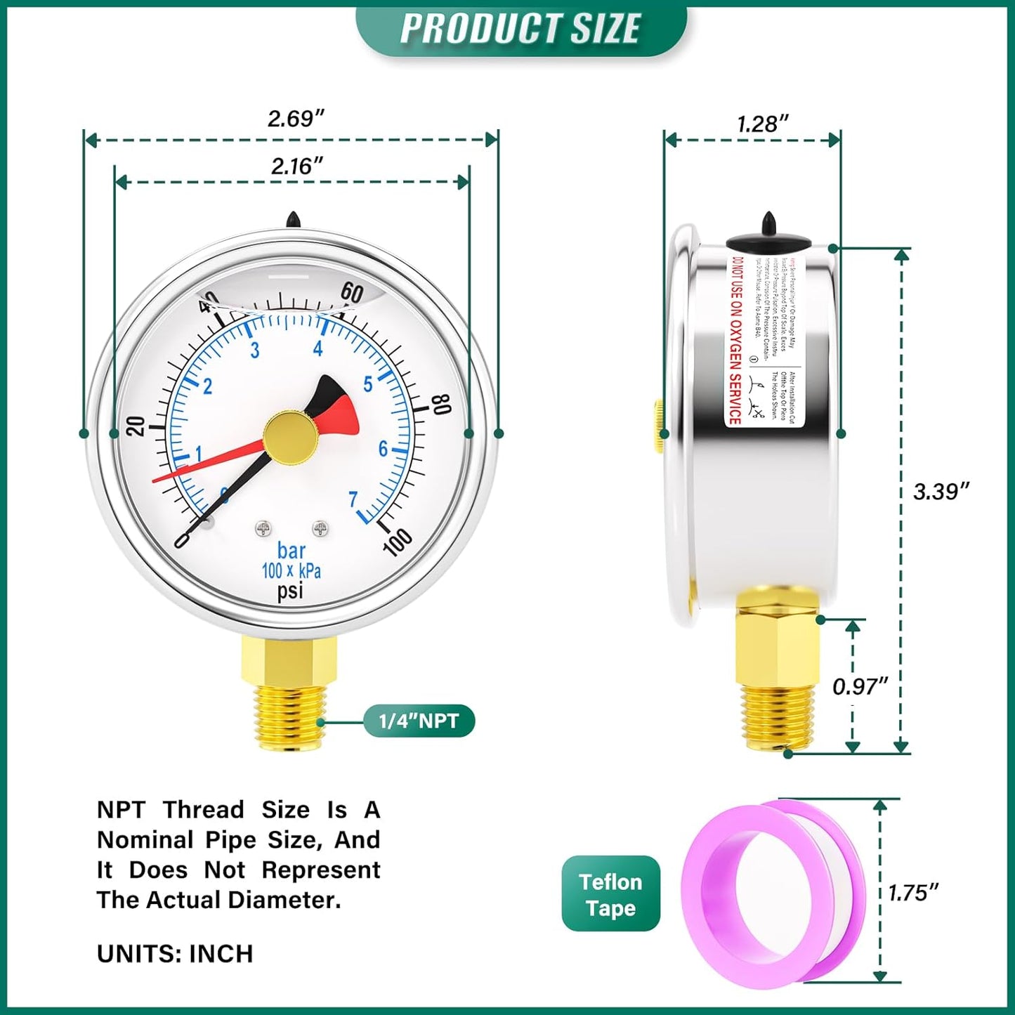 0-100PSI Stainless Steel with Reset Pointer Liquid Filled Pressure Gauge, 2.5" Dial Size, 1/4" NPT Lower Mount, for Tube, Water Pump, Gas, Liquid, Pressure Test