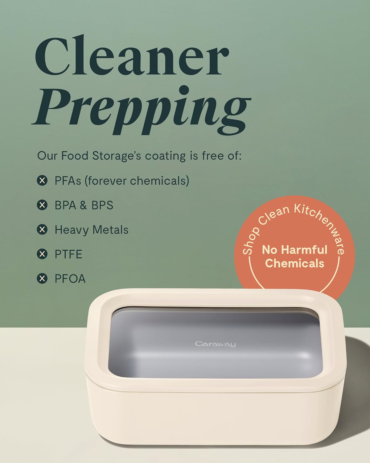 Caraway Glass Food Storage, 6.6 Cup Glass Container,Ceramic Coated Food Container,Easy to Store, Non Toxic, Non Stick Lunch Box Container with Glass Lids. Dishwasher, Oven,Square Shape,Cream