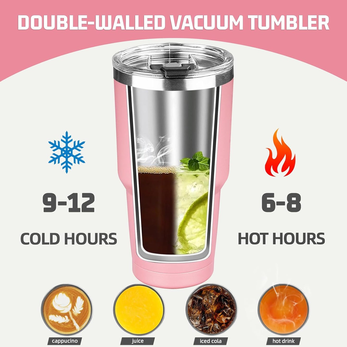 30 oz Tumbler with Lids and Straws, Stainless Steel Insulated Coffee Tumbler, Double Wall Vacuum Insulated Travel Mug Cup, Leakproof Thermal Coffee Cup for Hot and Cold Drinks (Light Pink)