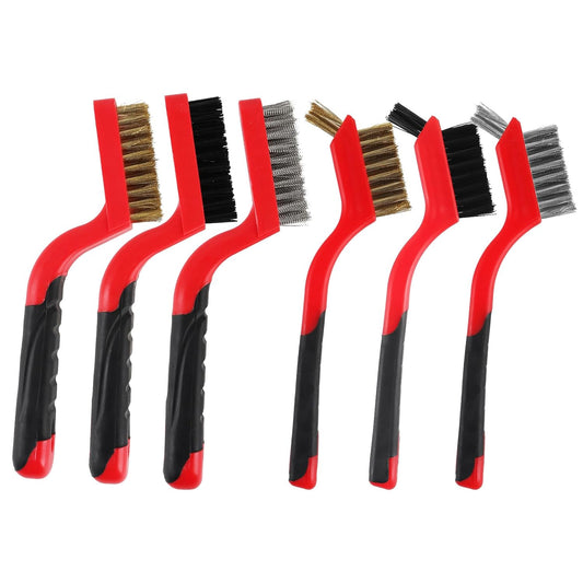 A A IN 6-Pack Wire Brush Set Nylon/Brass/Stainless Steel Bristles with Curved Handle Grip Scratch Brushes for Deep Cleaning and Rust Removing Small Cleaning Brushes - 7 Inches (Red)