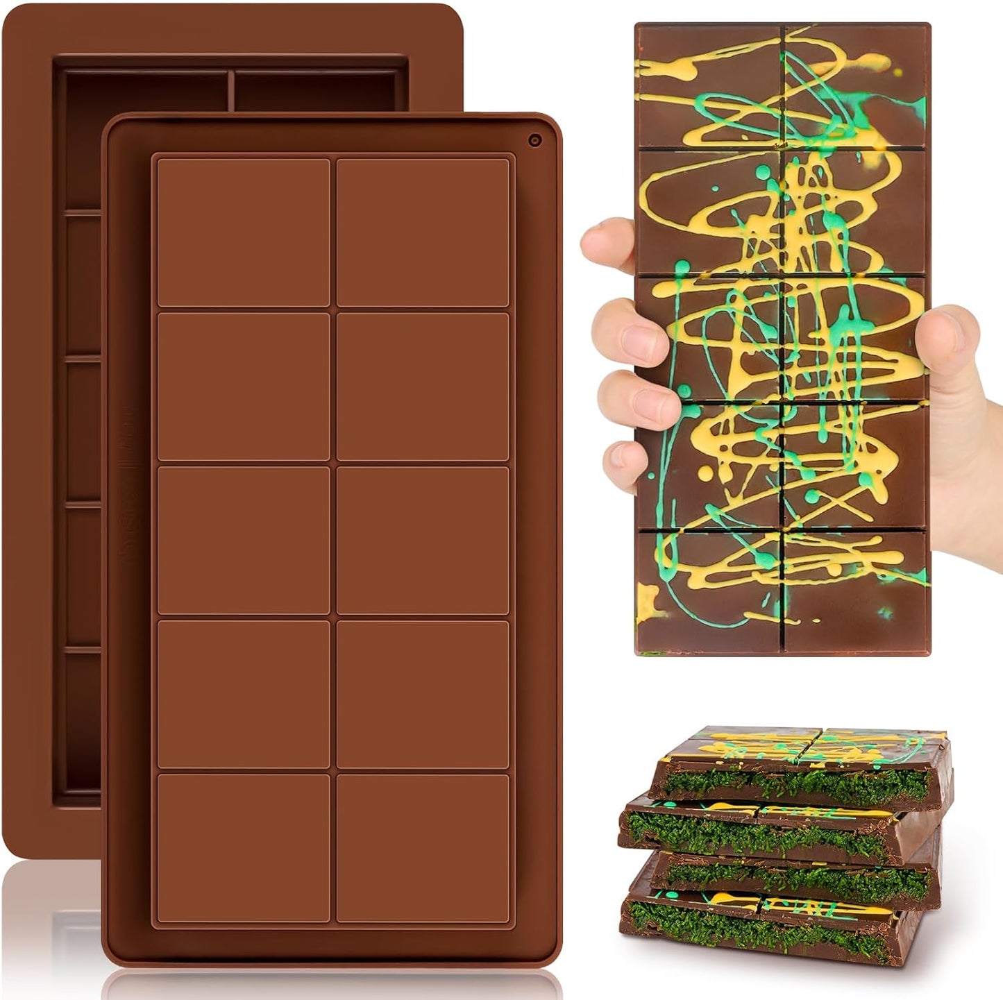 2 Pcs Large Dubai Chocolate Bar Molds, 0.8 Inch Deep Silicone Stuffed Chocolate Bar Molds, Big and Thick Candy Bar Moulds for Filling Homemade Knafeh Pistachio Bars