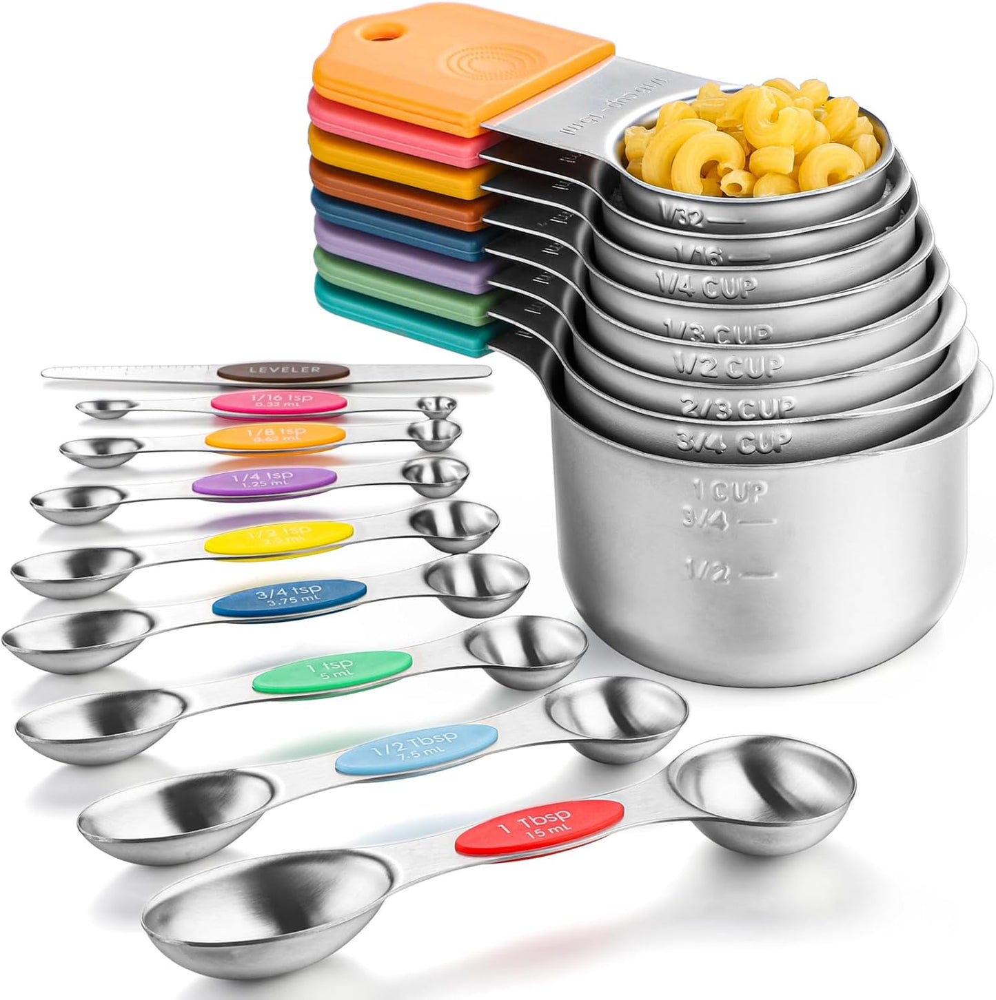 Magnetic Measuring Cups and Spoons Set of 17 Stainless Steel Measuring Cups & Double Sided Magnetic Measuring Spoons with 1 Leveler for Dry and Liquid Ingredients