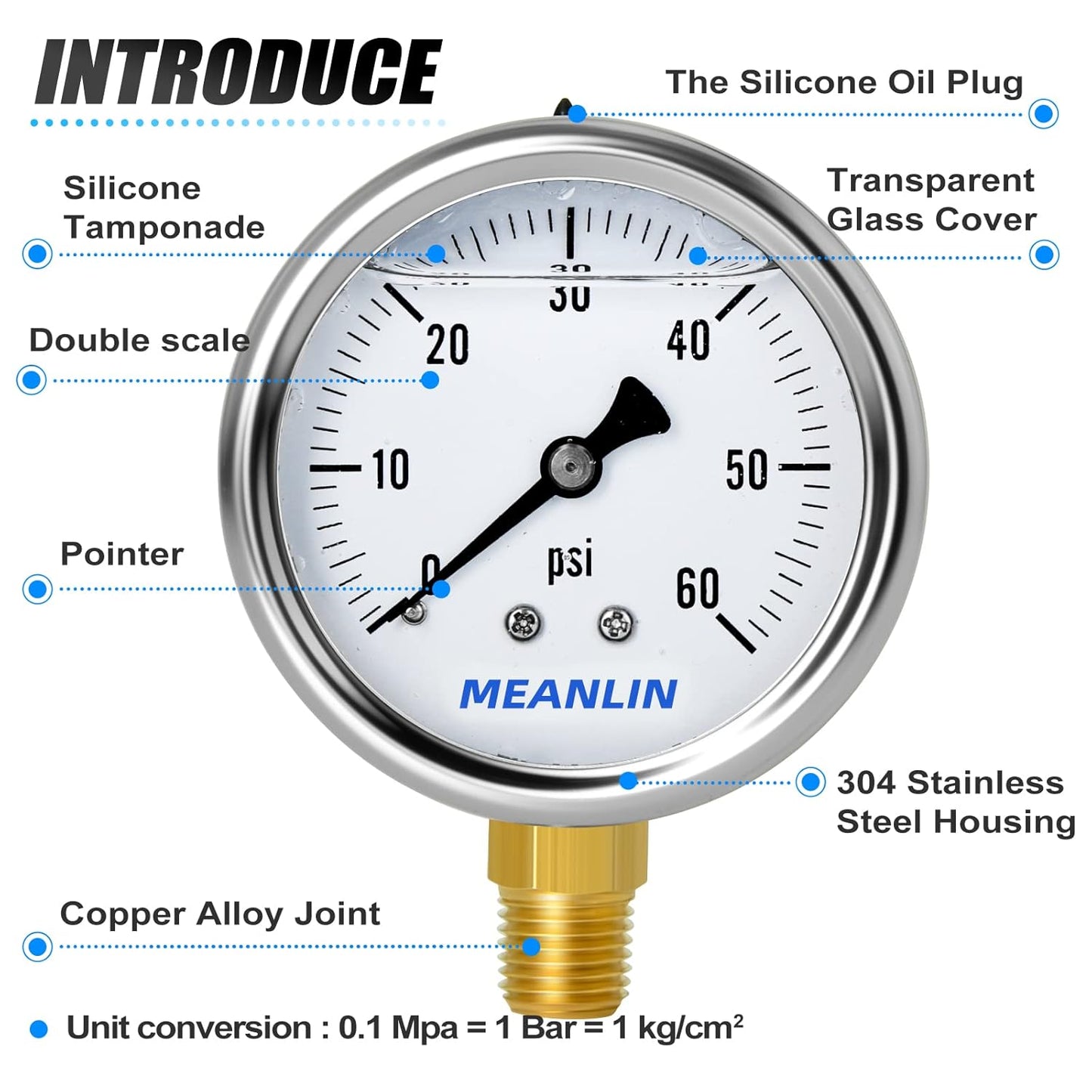 MEANLIN MEASURE 0~60Psi Stainless Steel 1/4" NPT 2.5" Single Scale FACE DIAL, Glycerin Filled Pressure Gauge, Pool Sand Filter, Lower Mount, with 1/2" NPT and 3/8" NPT Hex Bushing