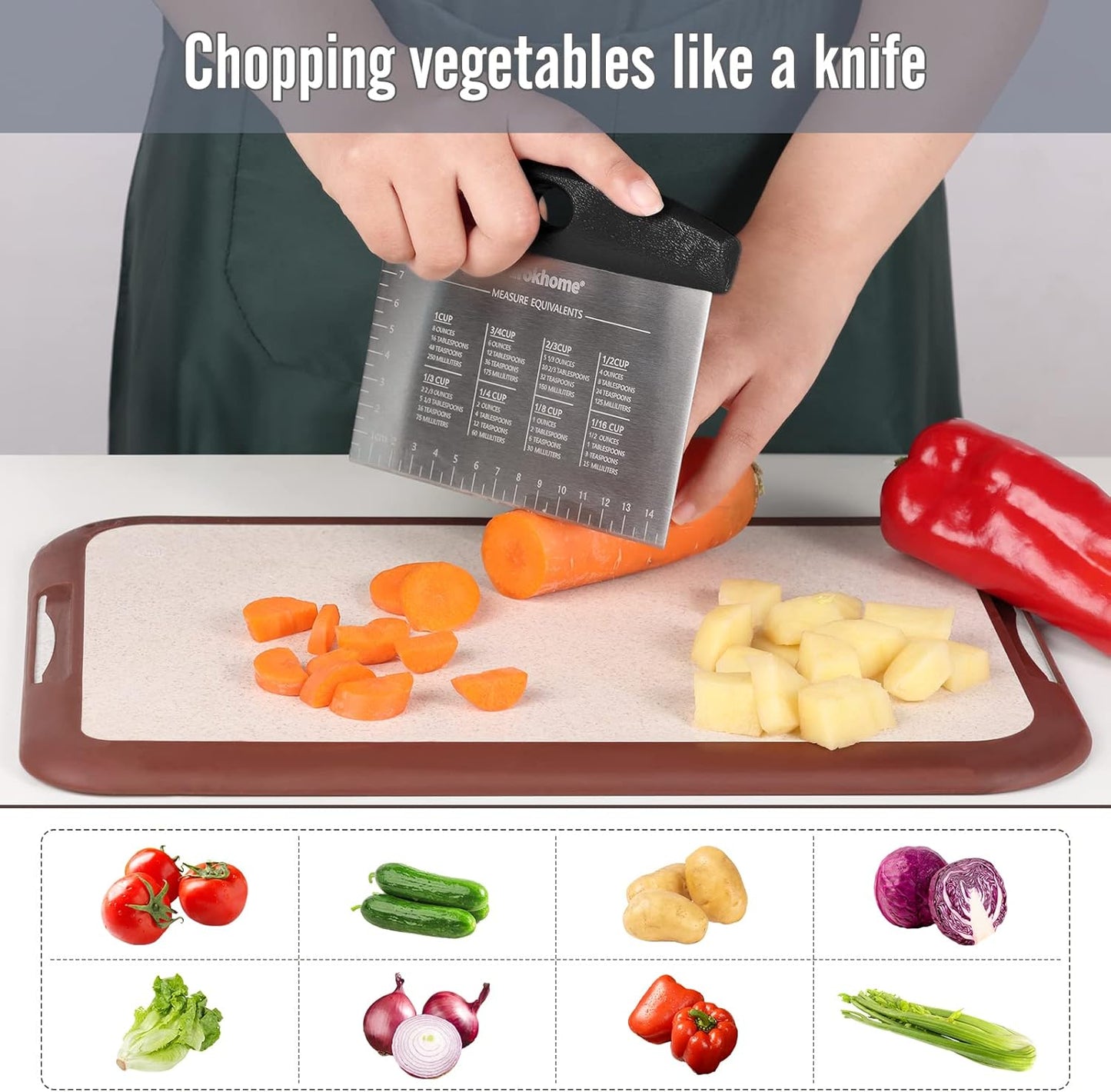 Ourokhome Dough Pastry Bench Cutter Scraper, Stainless Steel Pizza Cutter for Kitchen Baking, Dishwasher Safe, Anti-Wear Laser-Engraved Measuring Scale and Conversion Chart, 2 Pack, Black and Red