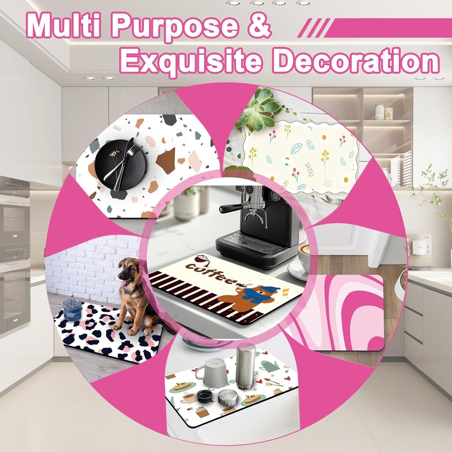 Dish Drying Mat for Kitchen Counter, 12" X 20" Absorbent Coffee Bar Mat Rubber Backing, Easy to Clean Kitchen Drying Matt for Dishes, Utensils, Countertops, Pink Abstract