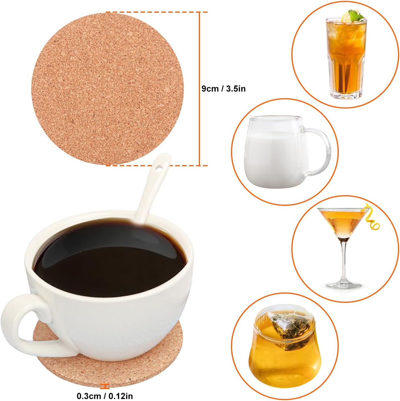 180 Pack 3.5 Inch Round Cork Coasters, Cork Drink Coasters for Drinks, Suitable for Tabletop, Decor, Resistant, DIY Project