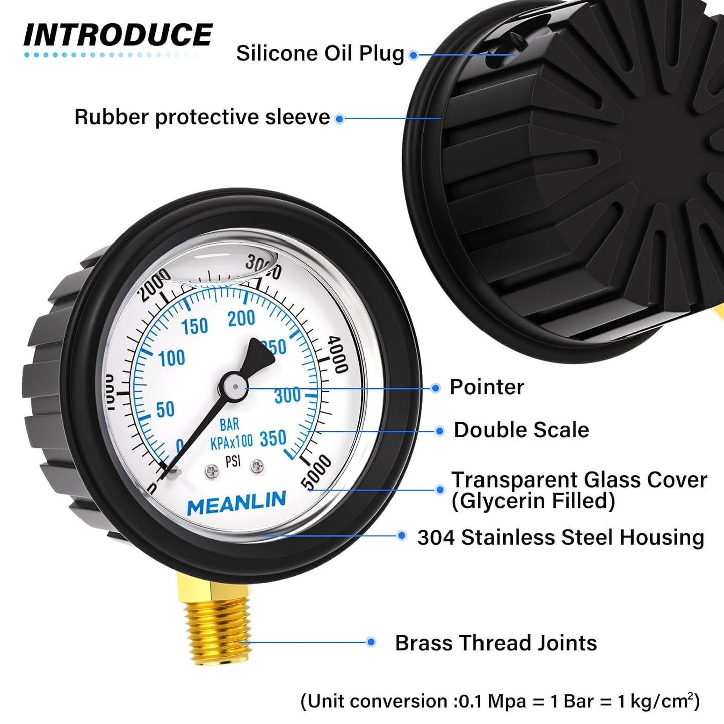 MEANLIN MEASURE 0~5000Psi Stainless Steel 1/4" NPT 2.5" FACE DIAL Liquid Filled Pressure Gauge, Lower Mount (with Rubber Protective Sleeve), with 1/2" NPT and 3/8" NPT Hex Bushing