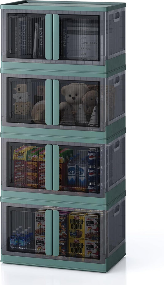 19Gal Collapsible Storage Bins with Lids & Wheels - 4 Pack Stackable with Doors, Heavy-Duty Plastic Containers for Home/Office, Green