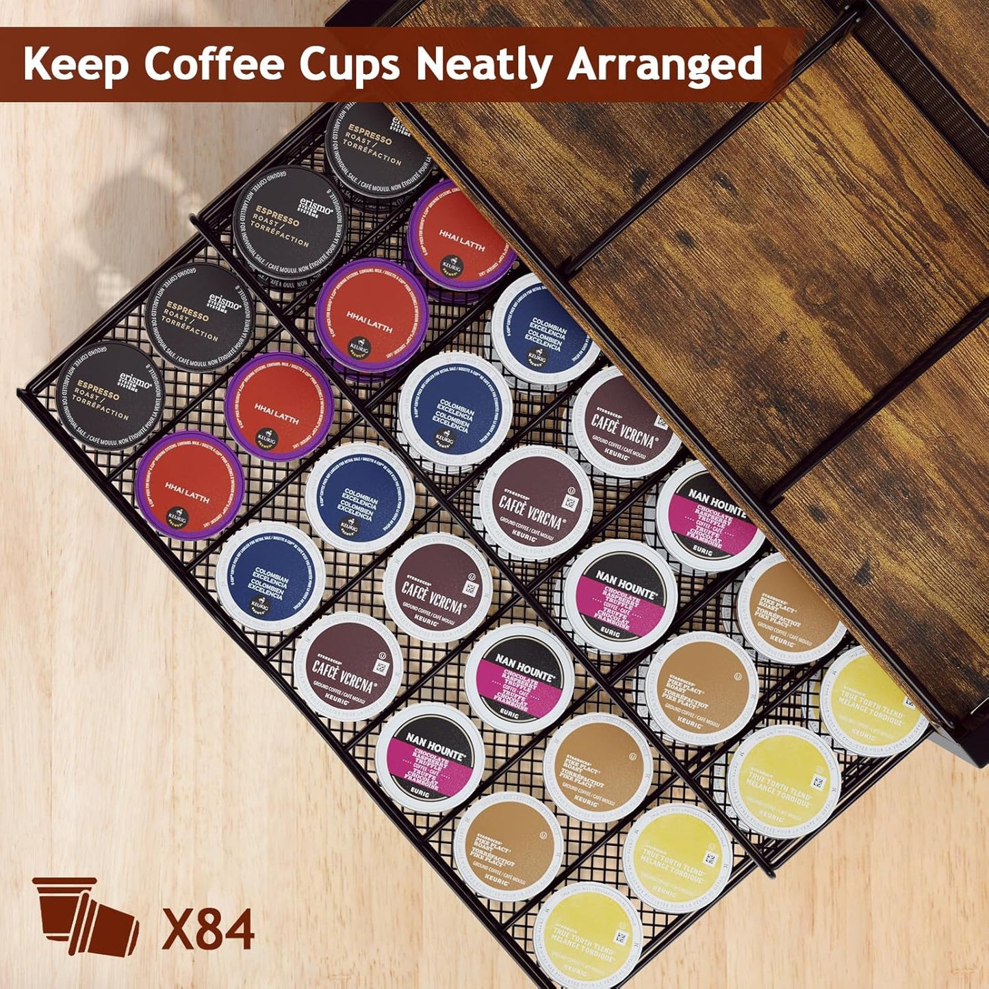 Coffee Bar Organizer - Coffee Station for Countertop, Metal and Wood K Cup holder Storage Basket for Coffee Pods, Syrup, Cups, Stirrer, Coffee Condiment, Tea Organizer, Black and Brown