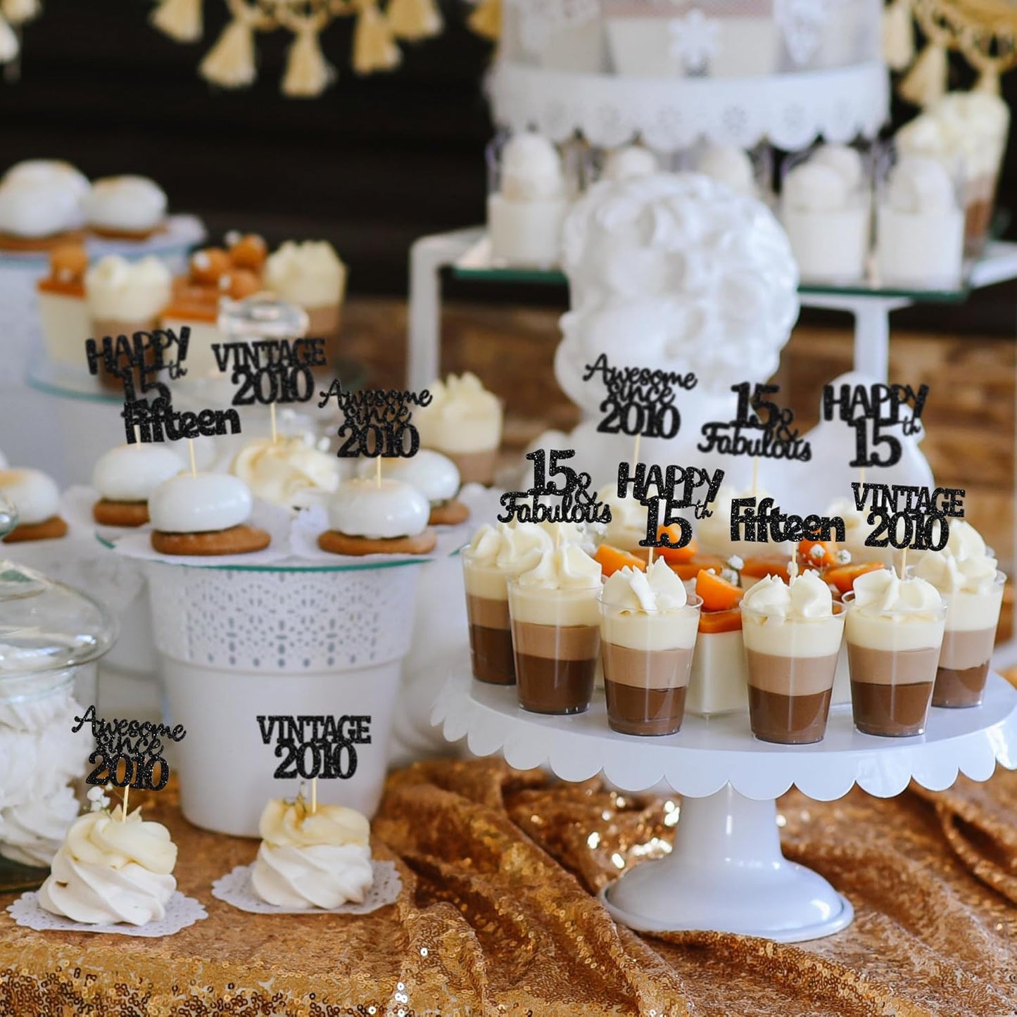 Gyufise 30Pcs Vintage 2010 Cupcake Toppers Glitter Sweet 15 Happy 15th Cupcake Picks Happy 15th Birthday Cake Decorations for Happy 15th Birthday Fabulous Anniversary Party Supplies Black