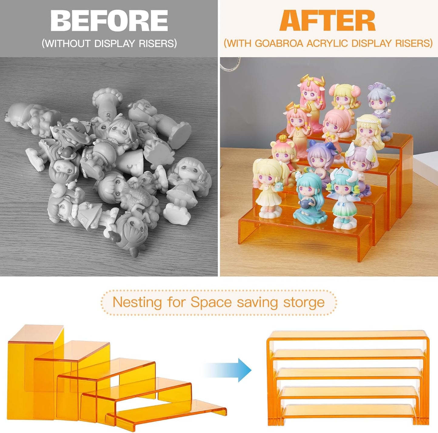 Goabroa Acrylic Display Risers, 2 Sets 5 Tier Rectangular Risers Display Stands, Acrylic Display Shelves for Figures, Cupcake, Perfume Display, Transparent Orange